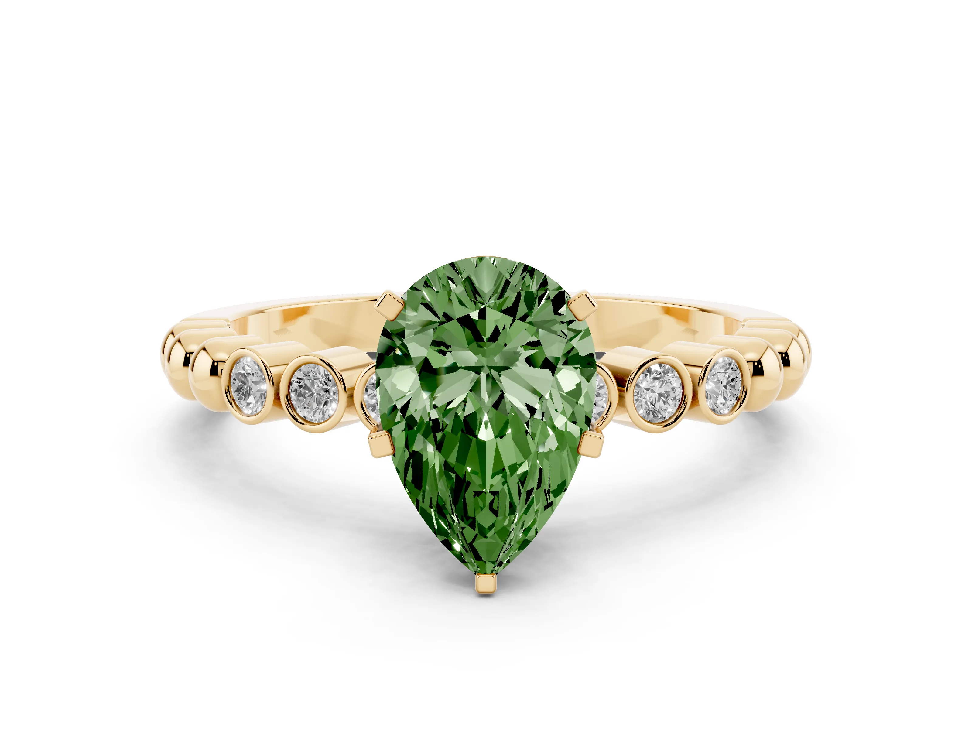 Fancy Green Pear Cut Diamond Solitaire Engagement Ring Set in Yellow gold with Bezel Accents on Beaded Band