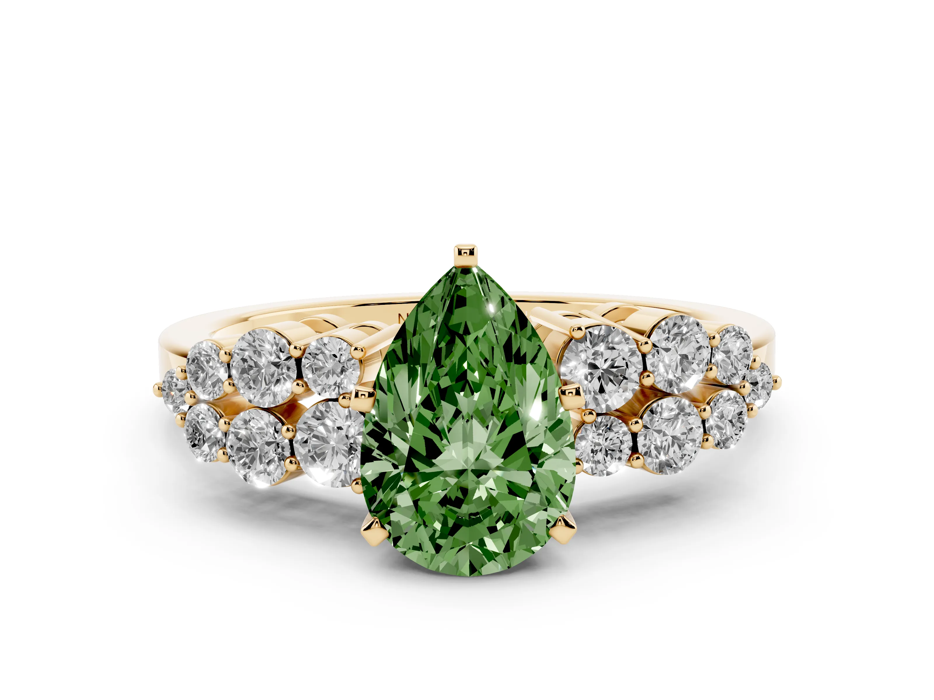 Fancy Green Pear Cut Diamond Cluster Engagement Ring Set in Yellow gold with Pavé Band and Prong Setting