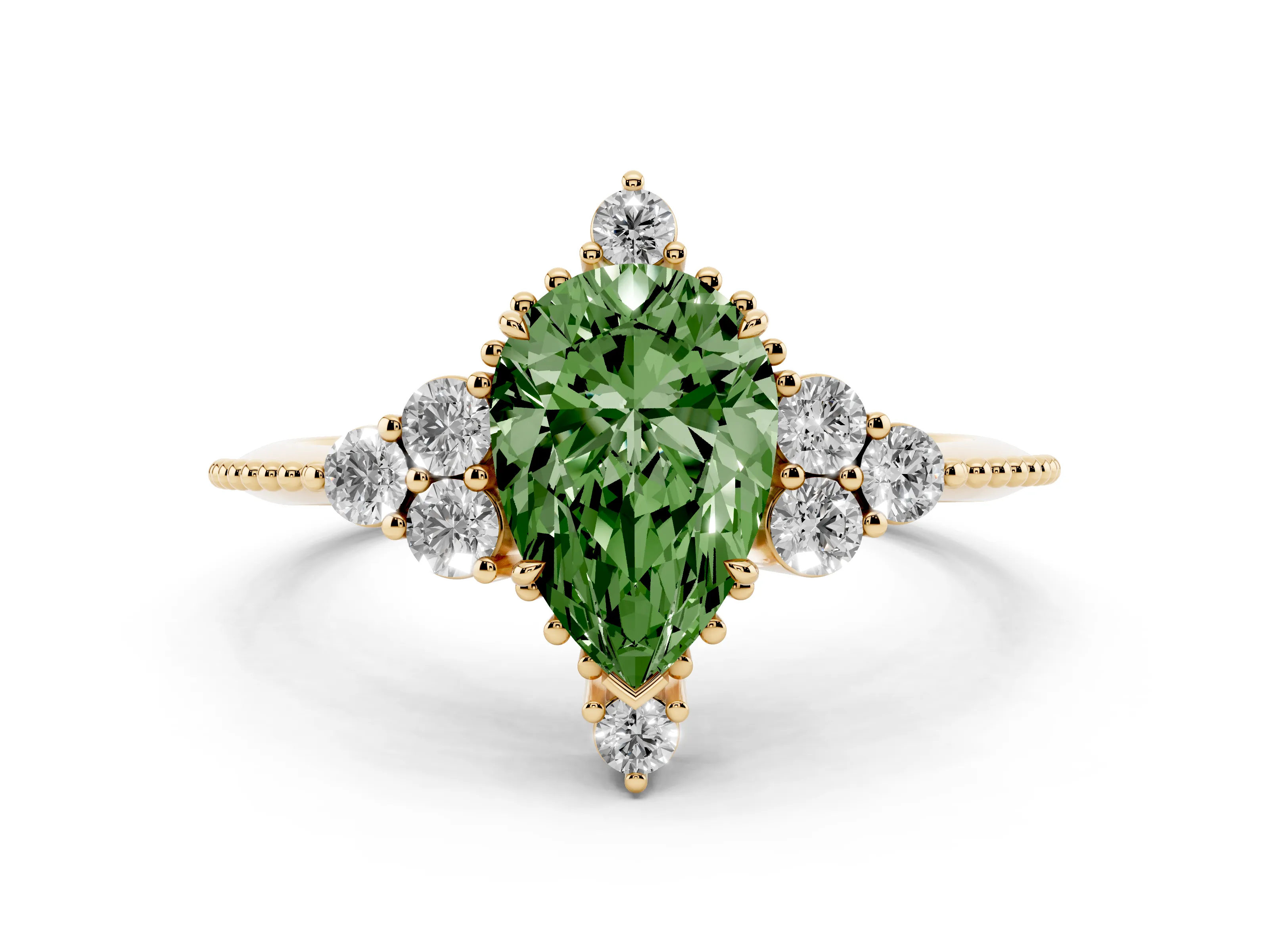 Fancy Green Pear Cut Diamond Cluster Ring Set in Yellow gold with Beaded Band