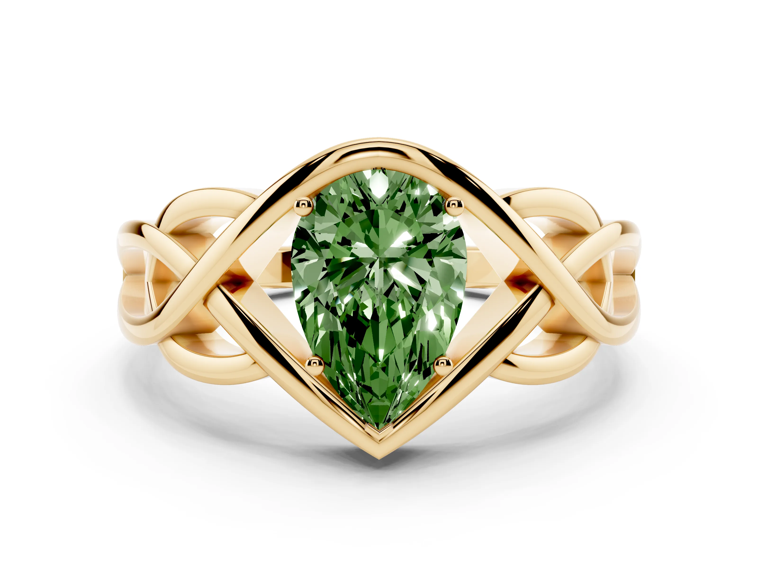 Fancy Green Pear Cut Diamond Solitaire Ring Set in Yellow gold with Intertwined Band
