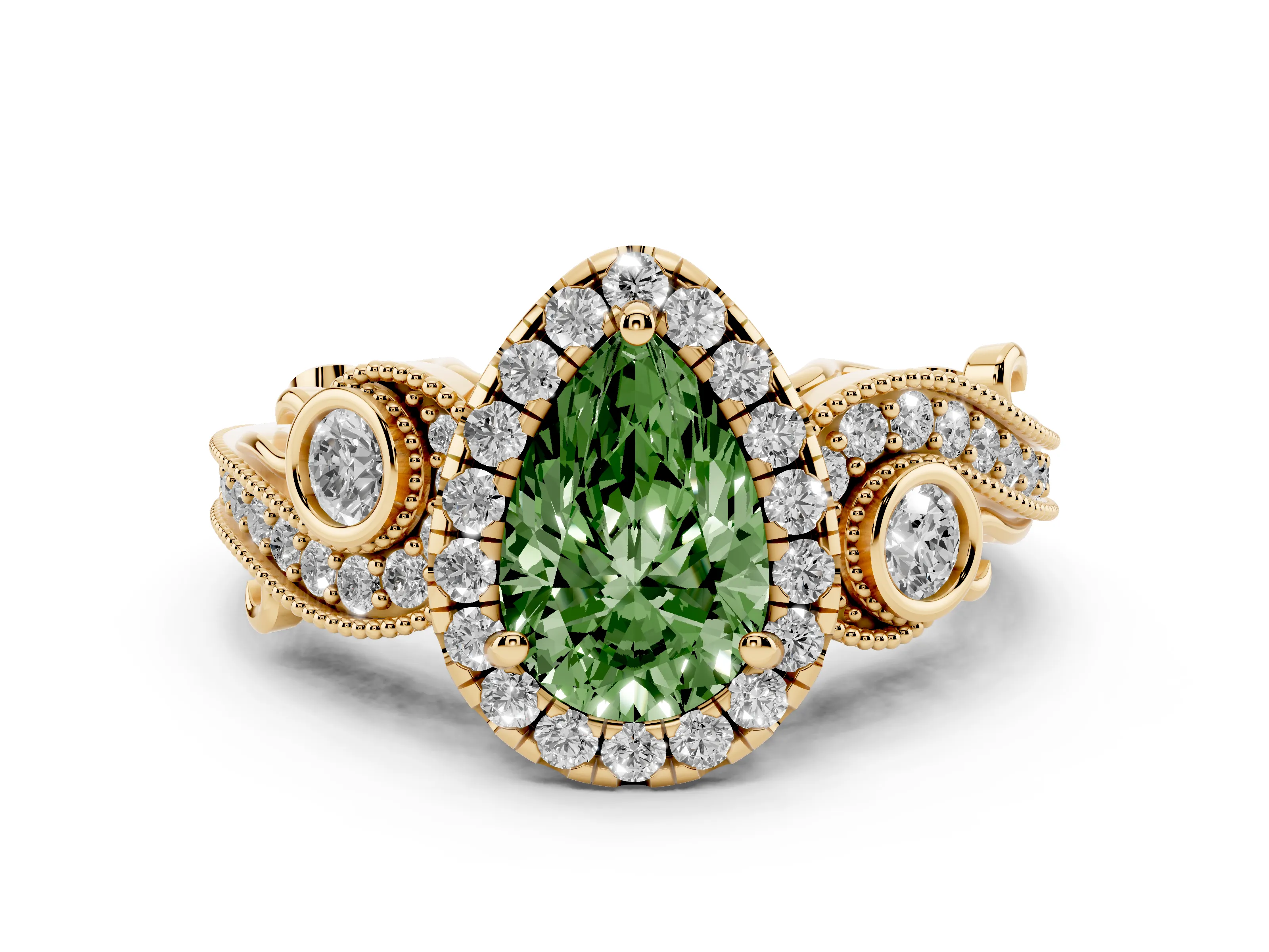 Fancy Green Pear Cut Diamond Halo Ring Set in Yellow gold with Milgrain Pavé Band and Prong Setting