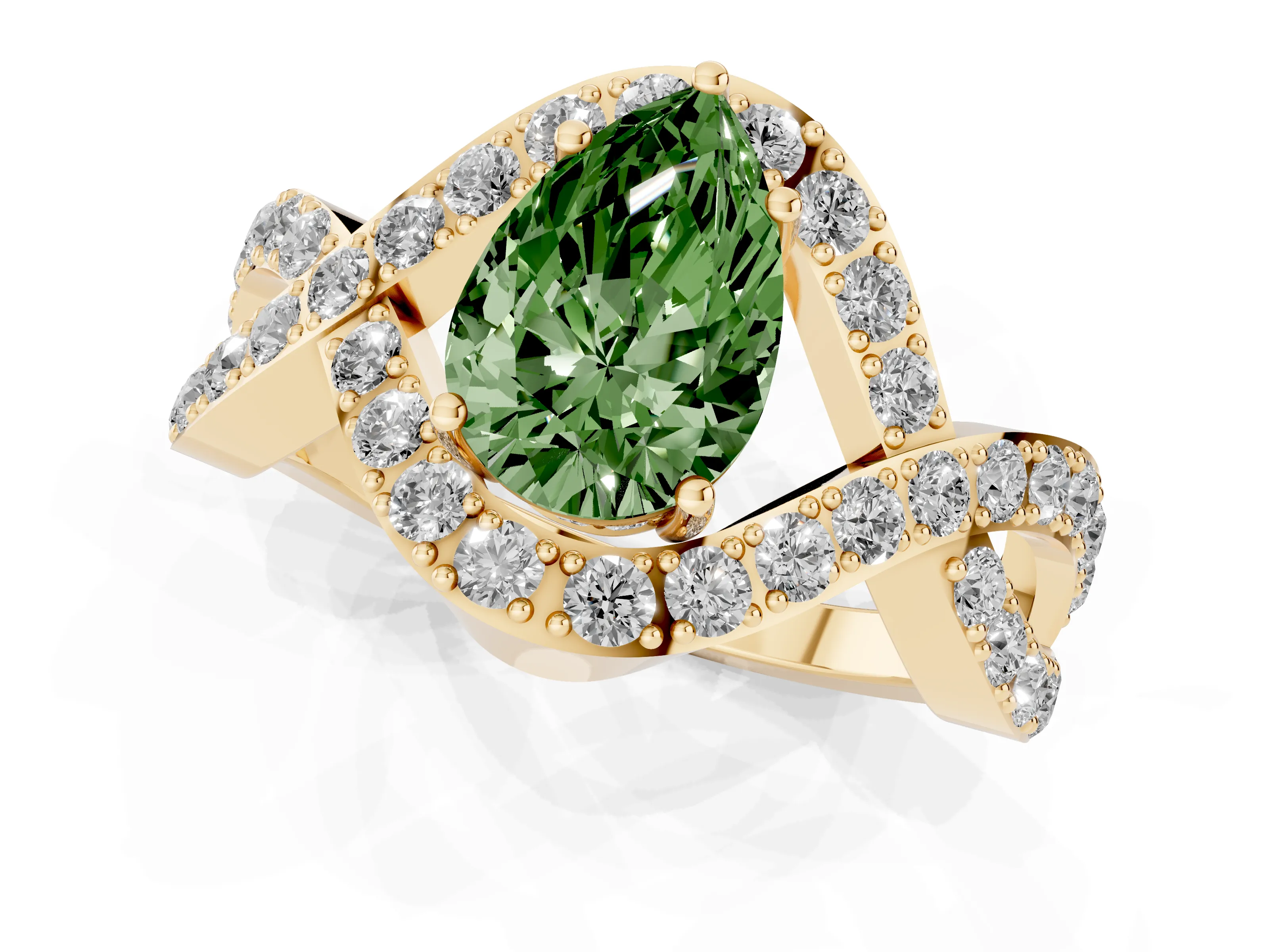 Fancy Green Pear Cut Diamond Solitaire Twist Band Pavé Engagement Ring Set in Yellow gold