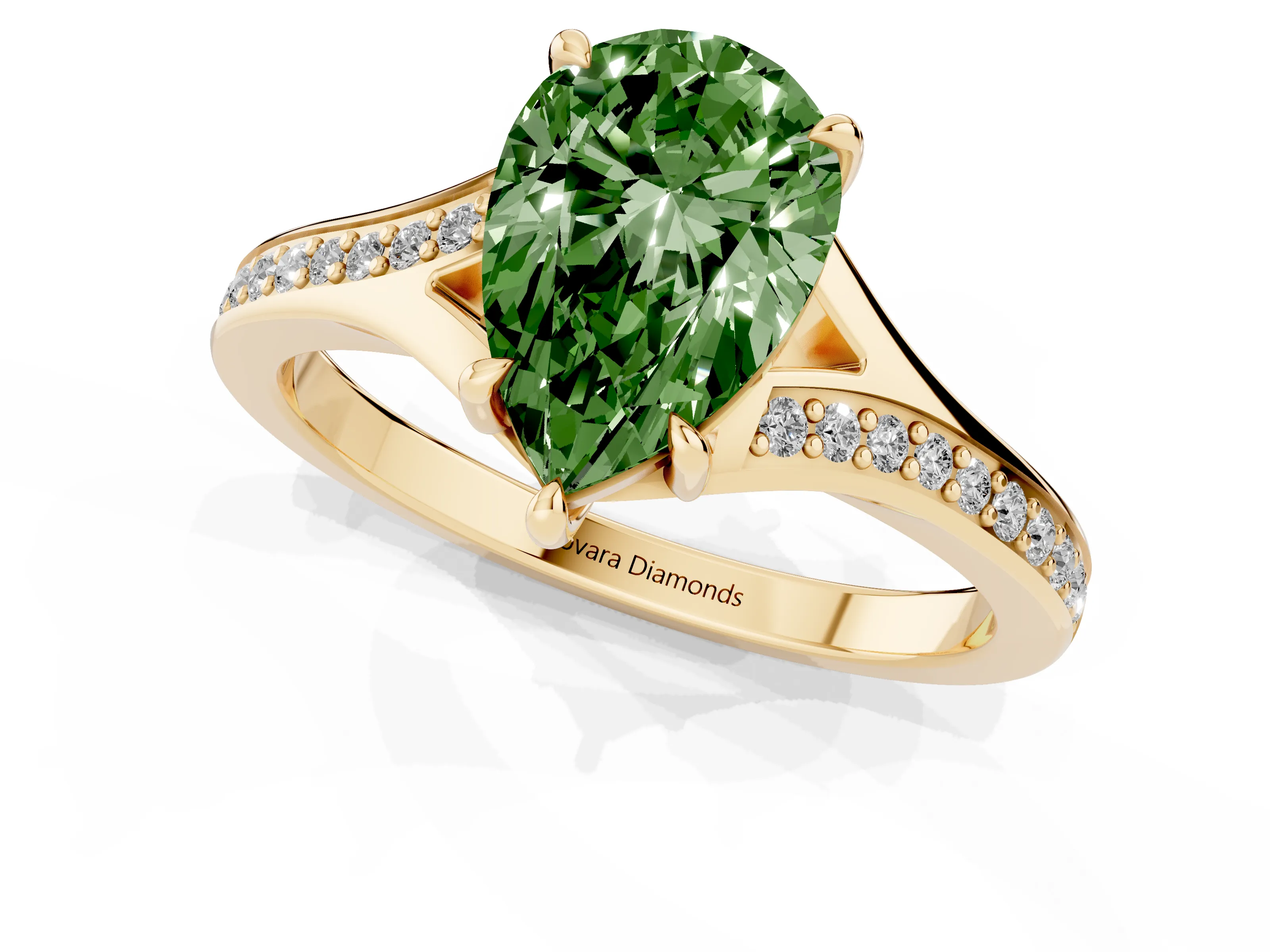 Fancy Green Pear Cut Diamond Solitaire Ring Set in Yellow gold with Pavé Accent Band and Classic Prong Setting