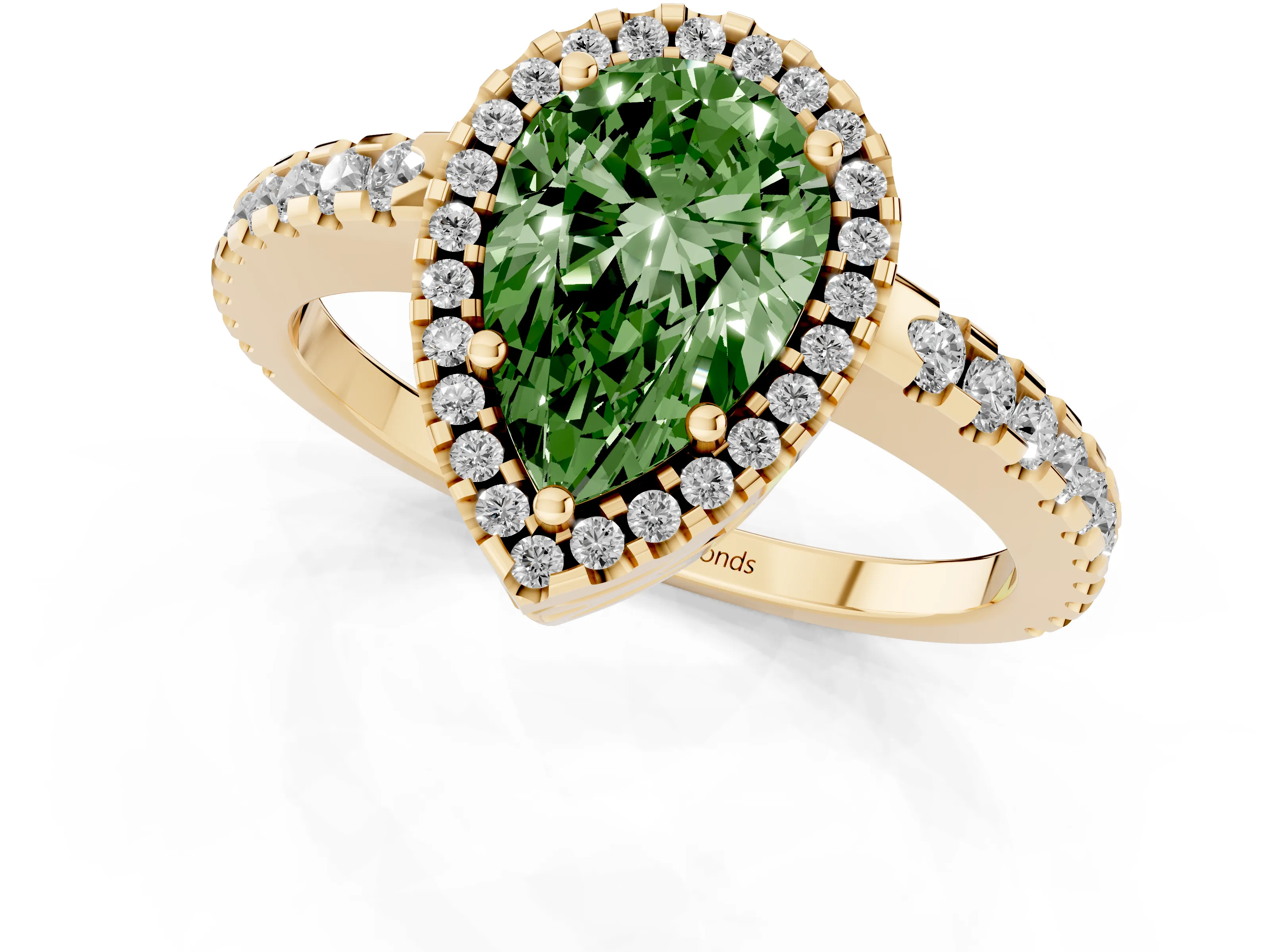 Fancy Green Pear Cut Diamond Halo Ring Set in Yellow gold with Pavé Shoulders and Halo-Framed Center