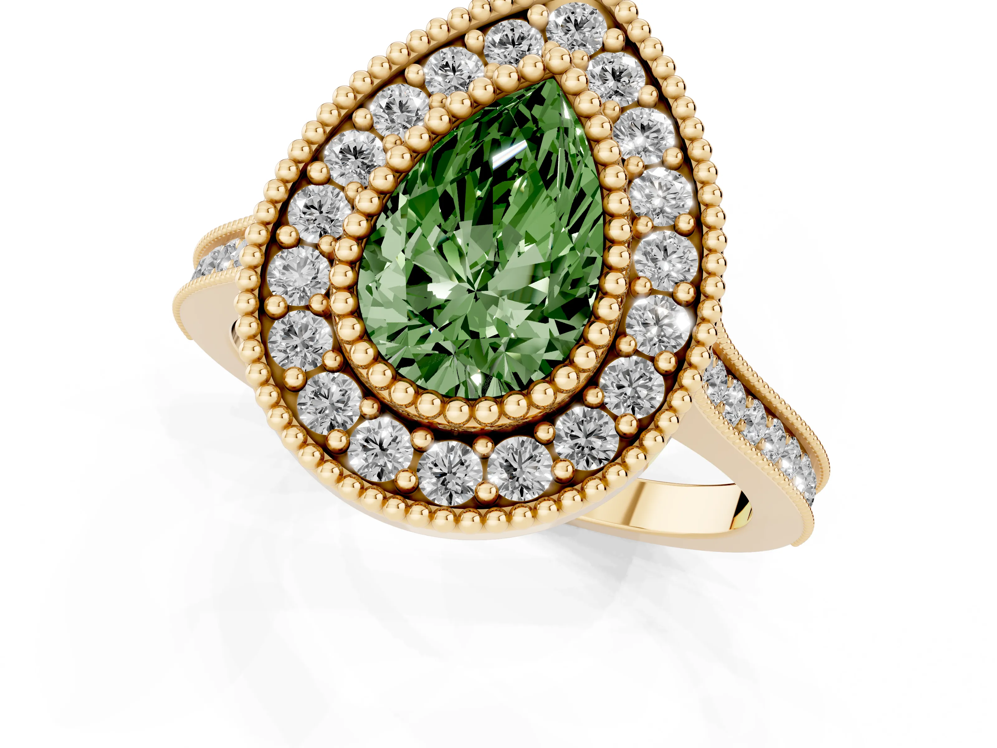 Fancy Green Pear Cut Diamond Halo Ring Set in Yellow gold with Milgrain Frame and Pavé Band