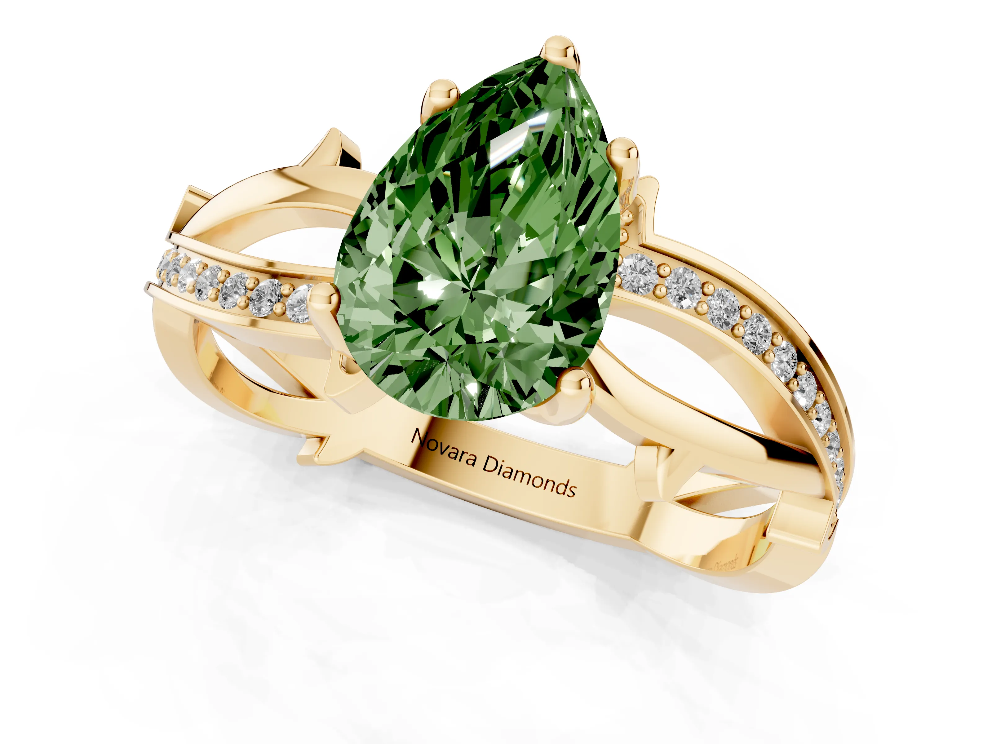 Fancy Green Pear Cut Diamond Pavé Twist Band Solitaire Ring Set in Yellow gold with Prong Setting