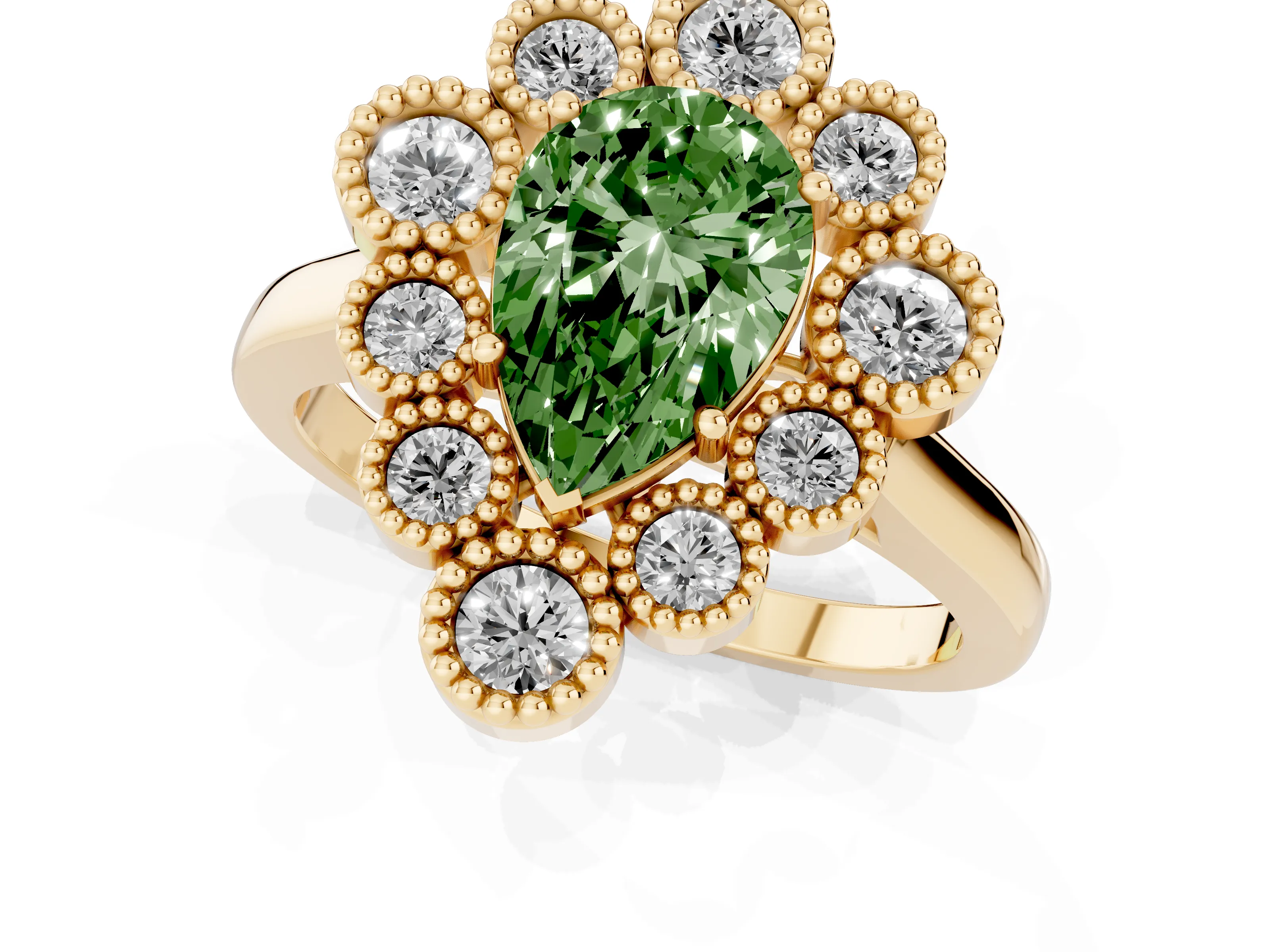 Fancy Green Pear Cut Diamond Cluster Halo Ring Set in Yellow gold with Milgrain Bezel Accents and Plain Band