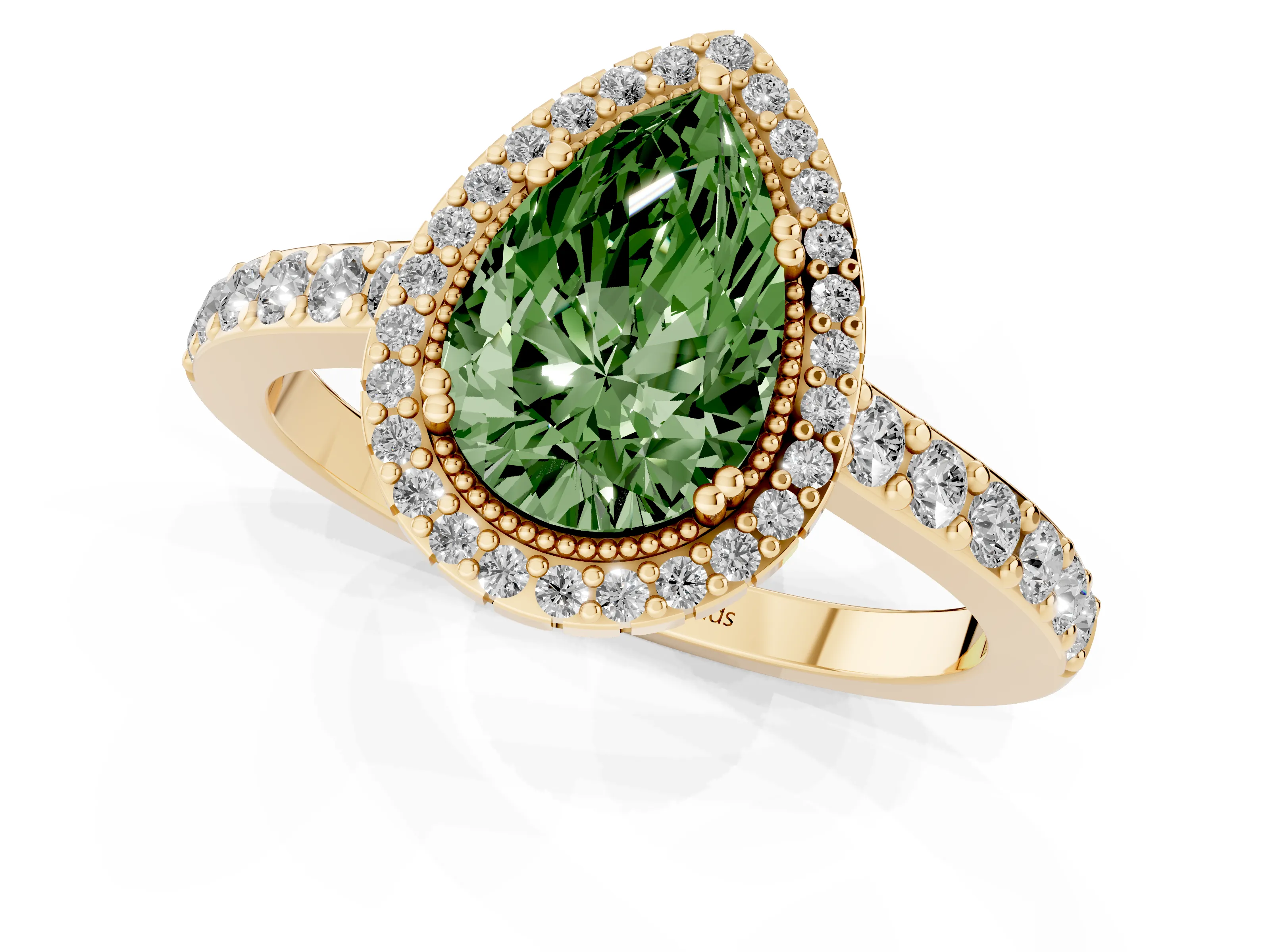 Fancy Green Pear Cut Diamond Halo Engagement Ring Set in Yellow gold with Milgrain Detail and Pavé Band