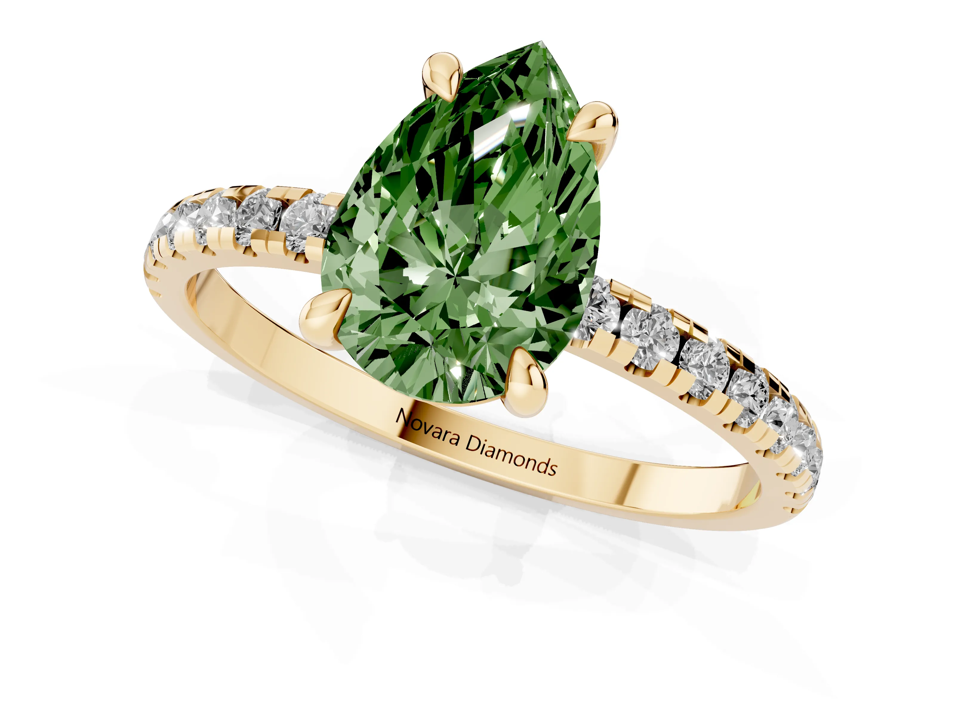 Fancy Green Pear Cut Diamond Brilliant Solitaire Ring Set in Yellow gold with Pavé Band and Prong Setting