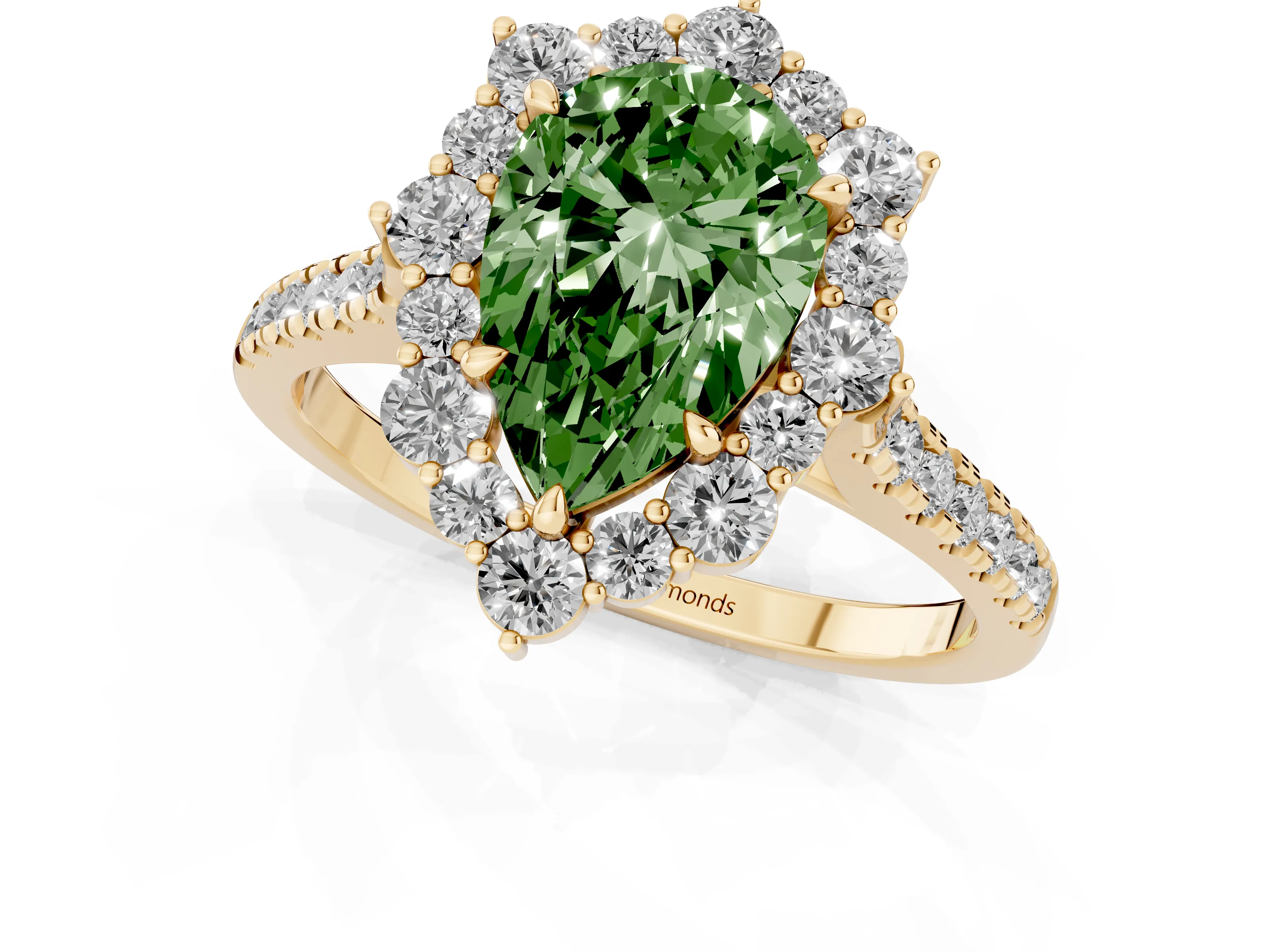 Fancy Green Pear Cut Diamond Halo Ring Set in Yellow gold with Pavé Band and Prong Setting