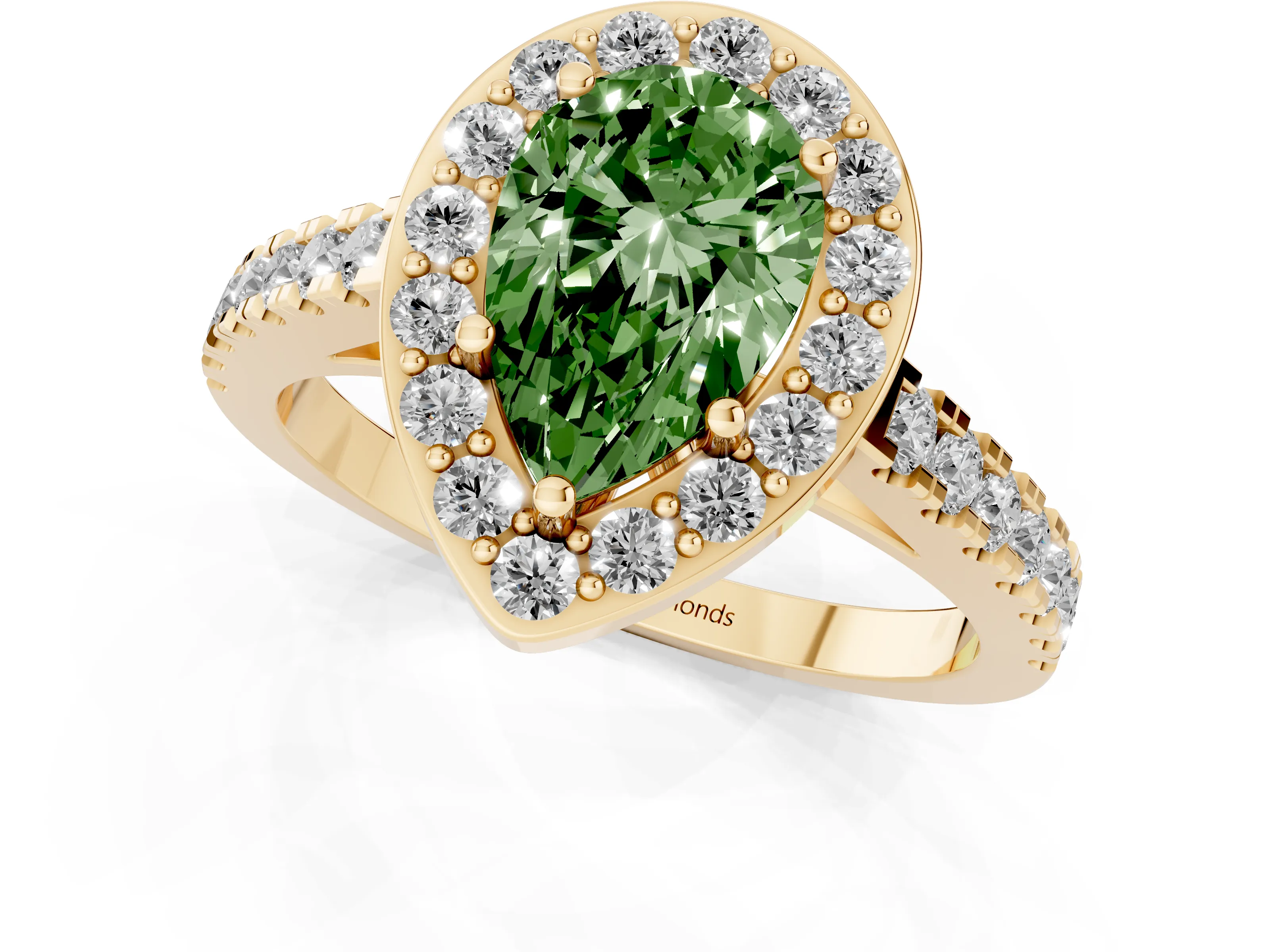 Fancy Green Pear Cut Diamond Halo Ring Set in Yellow gold with Round Pavé Split Shank and Prong Setting