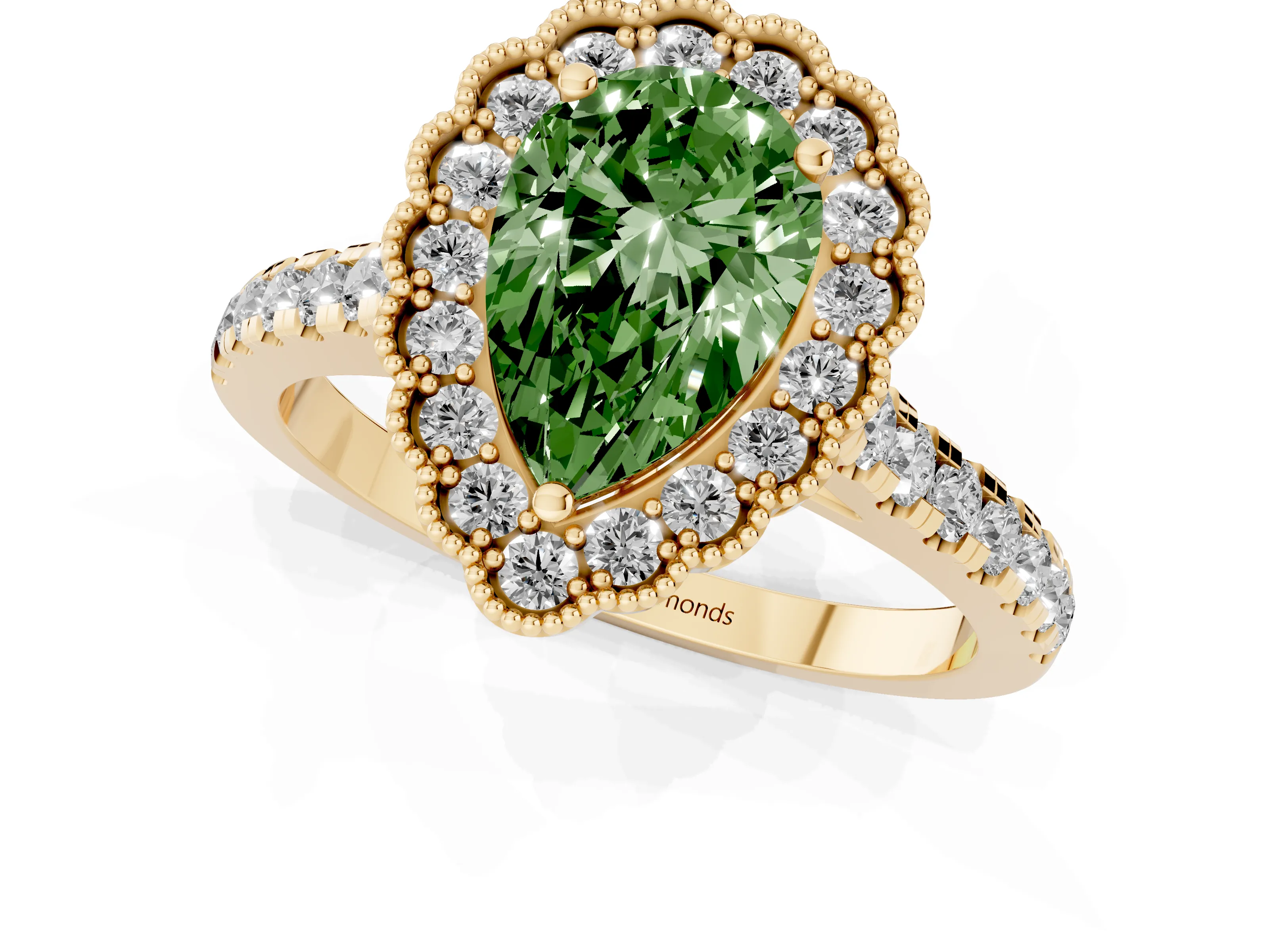 Fancy Green Pear Cut Diamond Milgrain Floral Halo Engagement Ring Set in Yellow gold with Pavé Band
