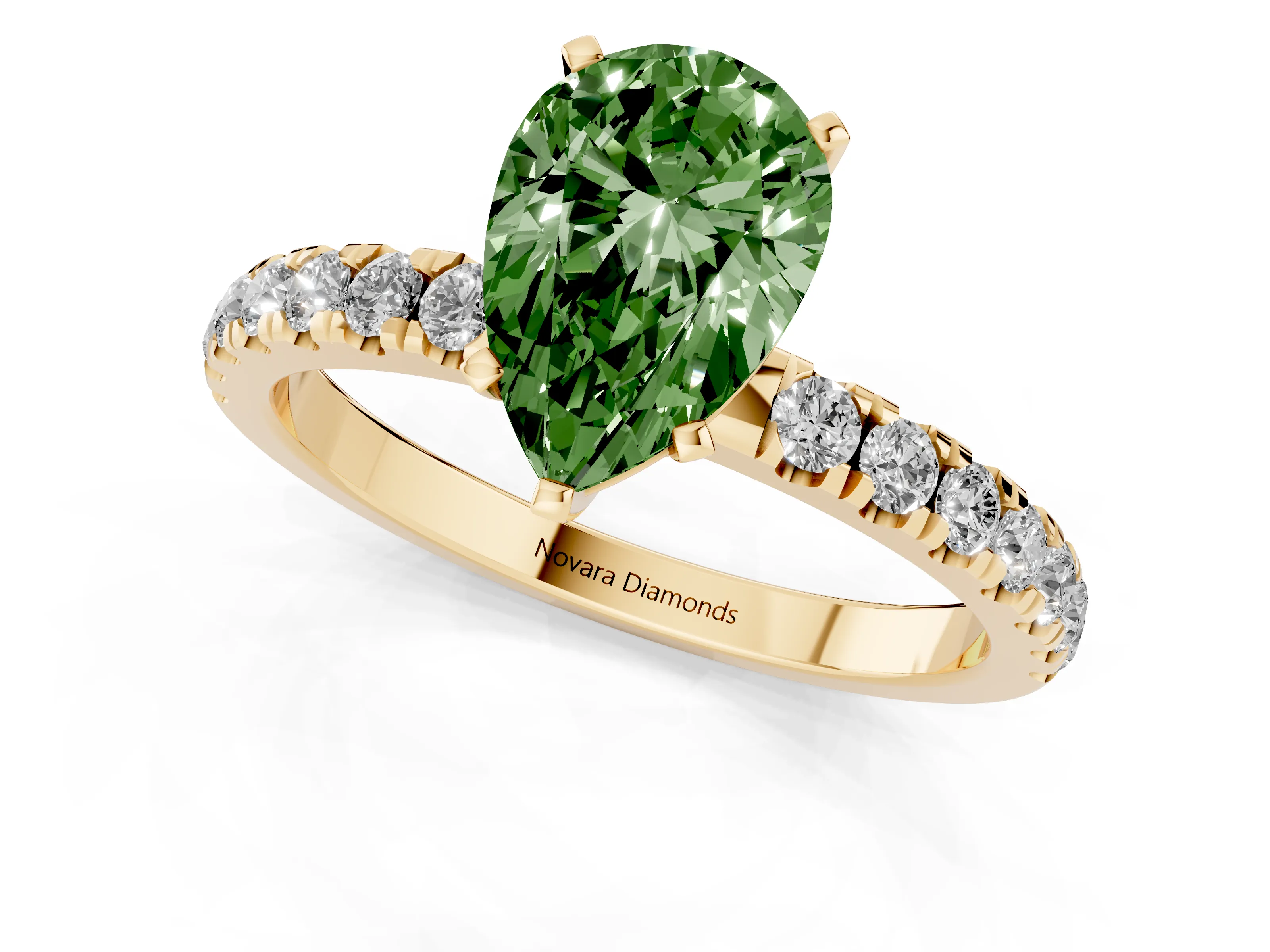 Fancy Green Pear Cut Diamond Solitaire Ring Set in Yellow gold with Pavé Accents and Prong Setting