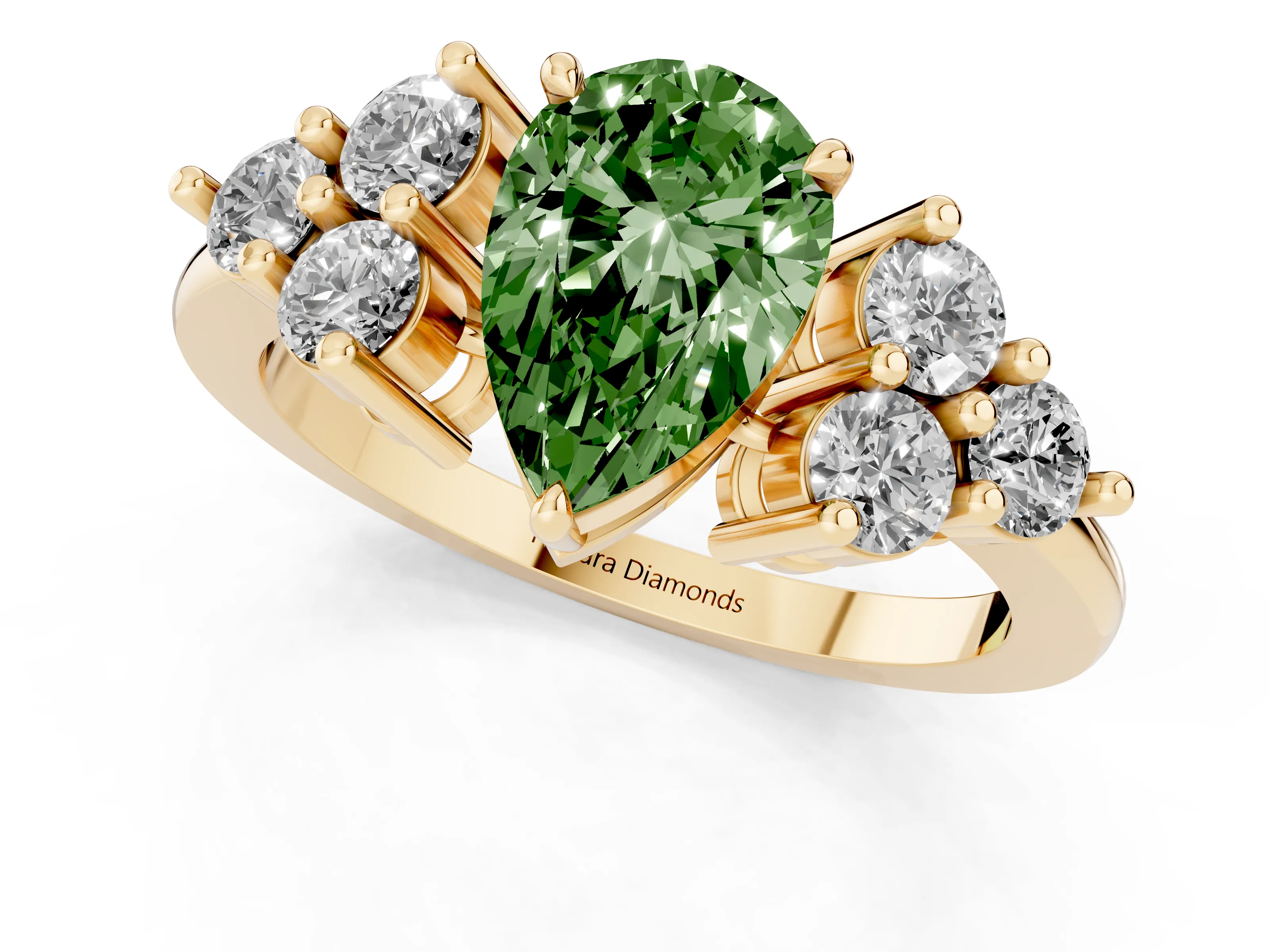 Fancy Green Pear Cut Diamond Solitaire Ring Set in Yellow gold with Cluster Accents on Each Side