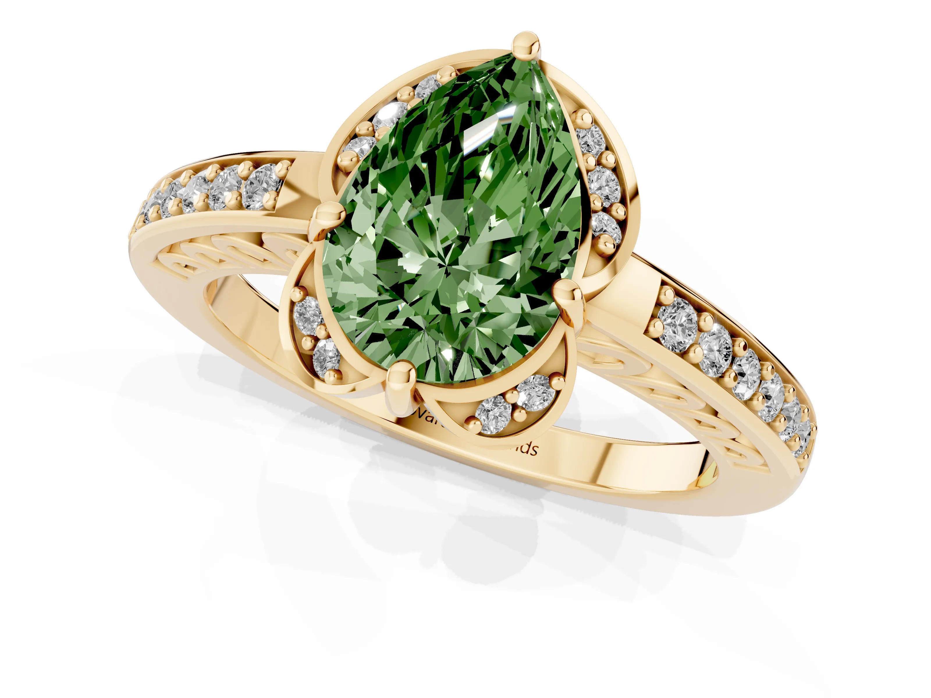 Fancy Green Pear Cut Diamond Halo Ring Set in Yellow gold with Channel Set Band and Prong Setting