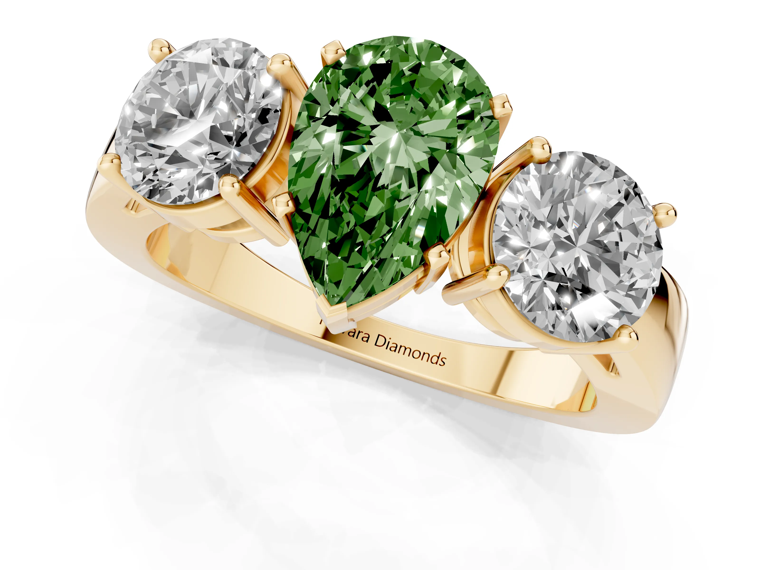 Fancy Green Pear Cut Diamond Three-Stone Ring Set in Yellow gold with Round Side Stones and Classic Band – second view