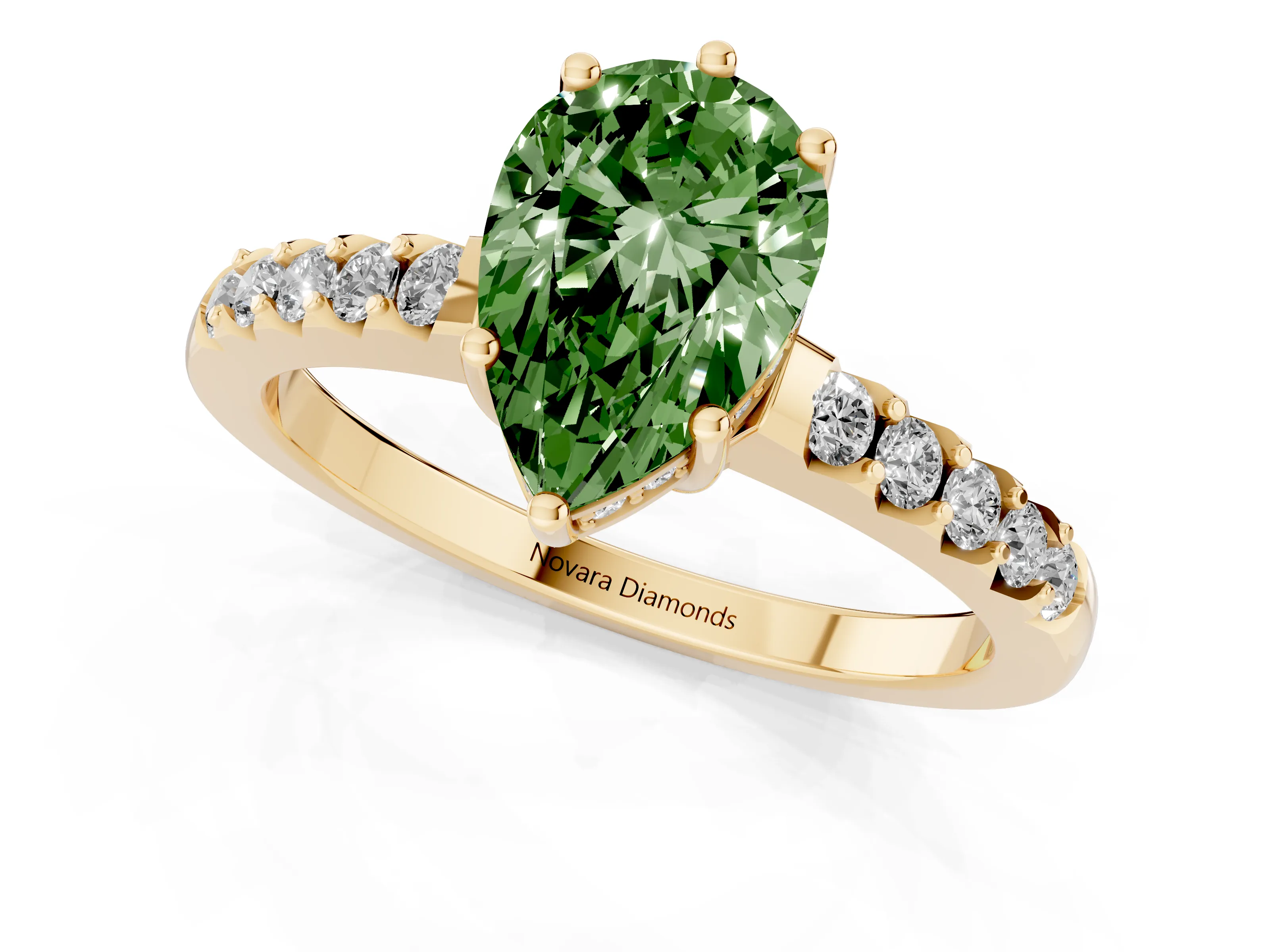 Fancy Green Pear Cut Diamond Solitaire Engagement Ring Set in Yellow gold with Pavé Band and Prong Setting