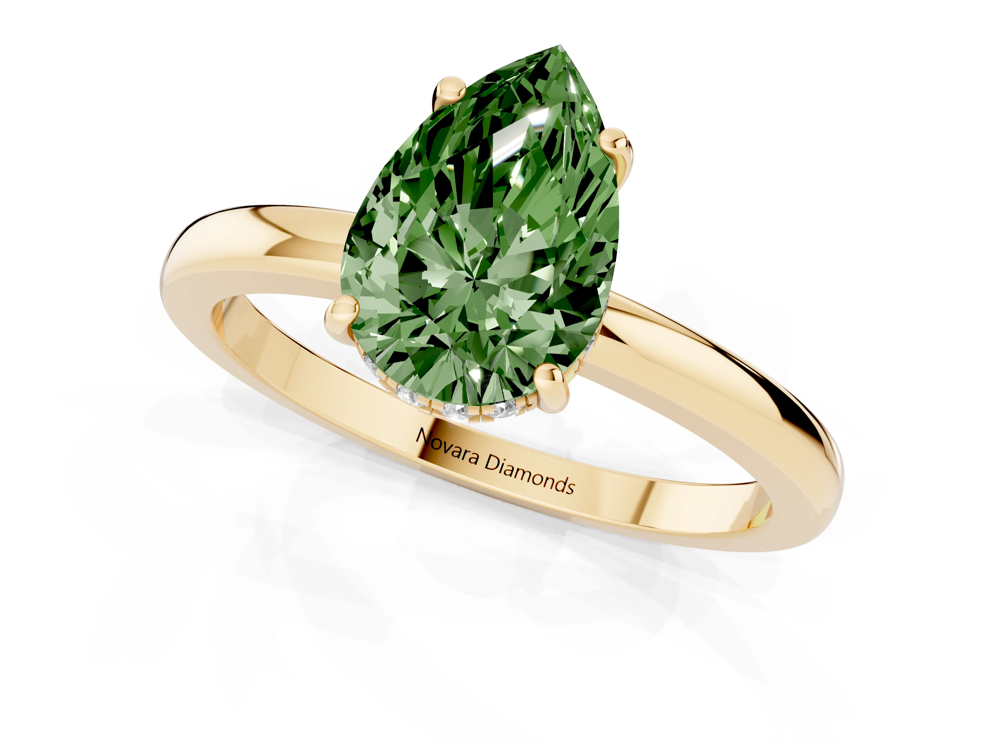 Fancy Green Pear Cut Diamond Solitaire Ring Set in Yellow gold with Plain Band and Prong Setting