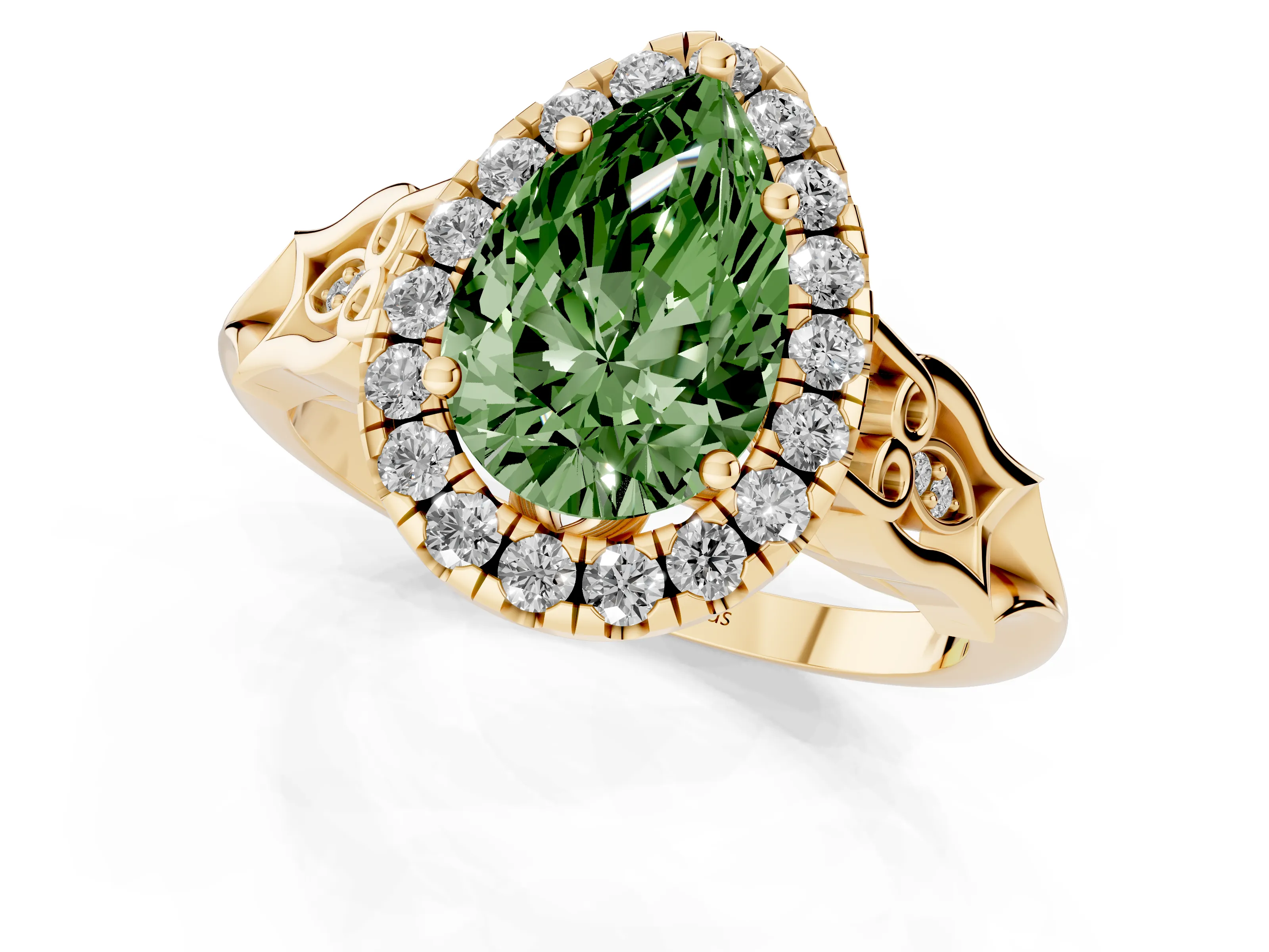 Fancy Green Pear Cut Diamond Halo Engagement Ring Set in Yellow gold with Filigree Band and Prong-Set Center