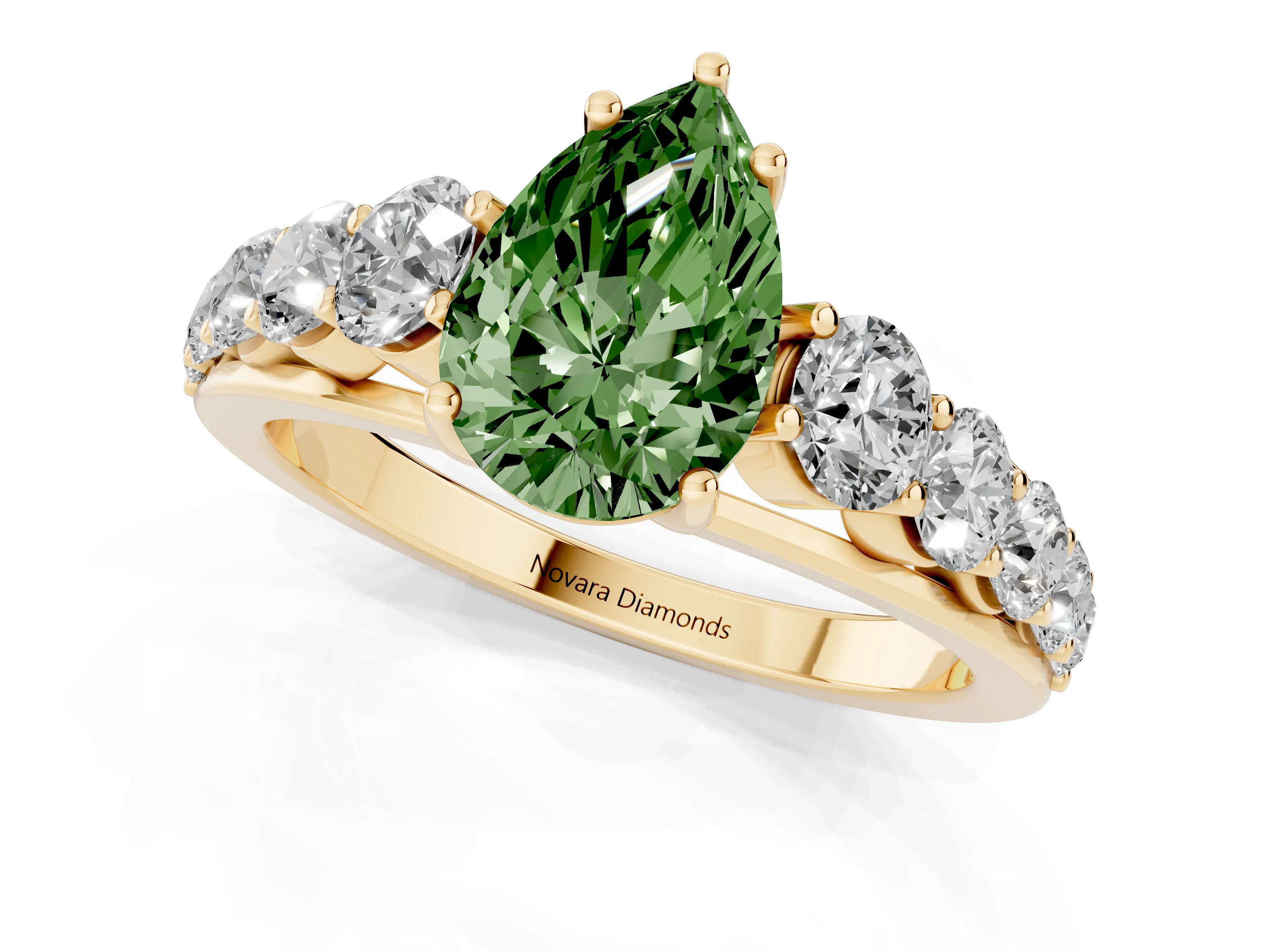 Fancy Green Pear Cut Diamond Solitaire Ring Set in Yellow gold with Pavé-Set Band and Prong Setting