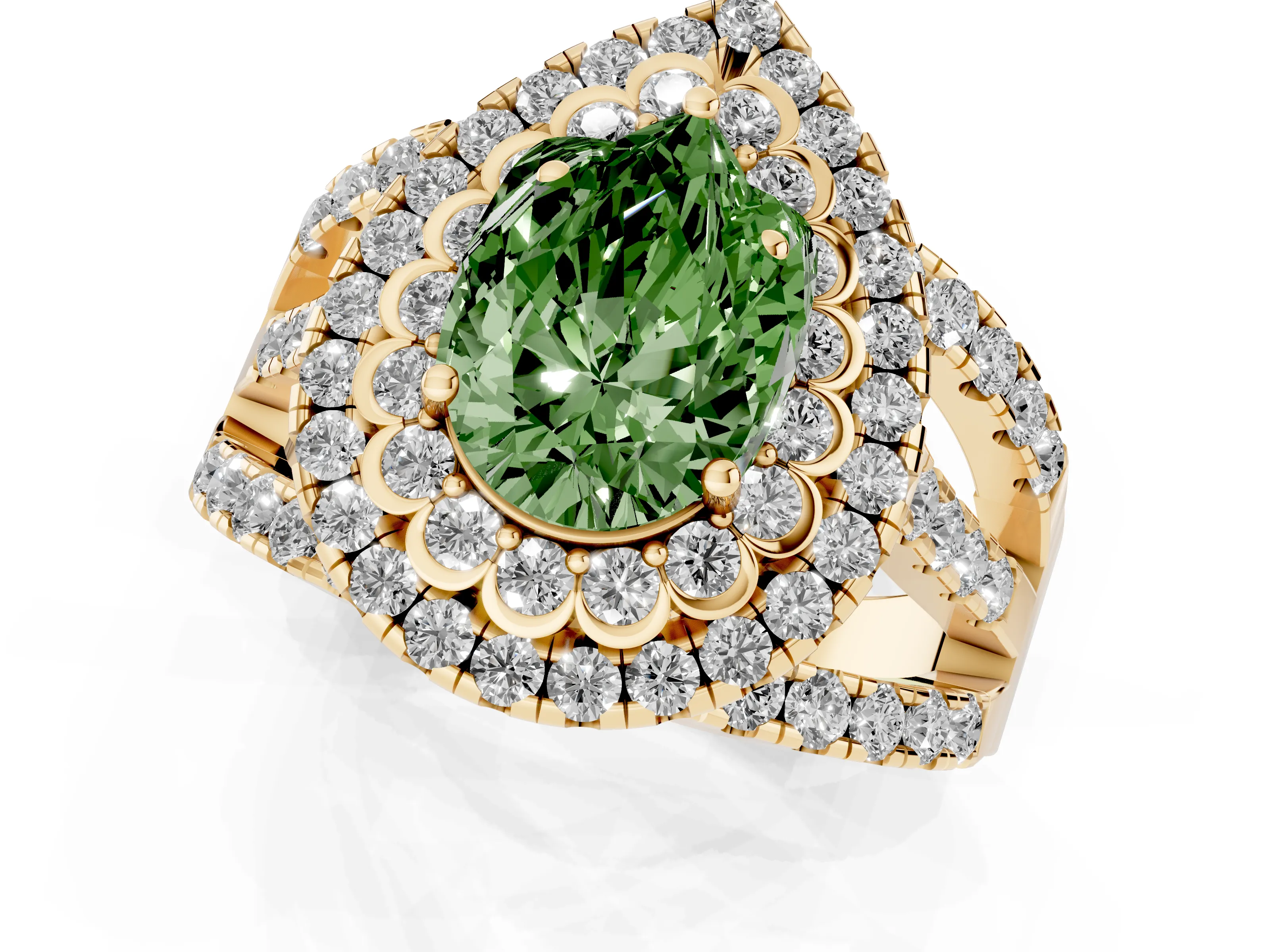 Fancy Green Pear Cut Diamond Double Halo Ring Set in Yellow gold with Round Pavé Split Shank