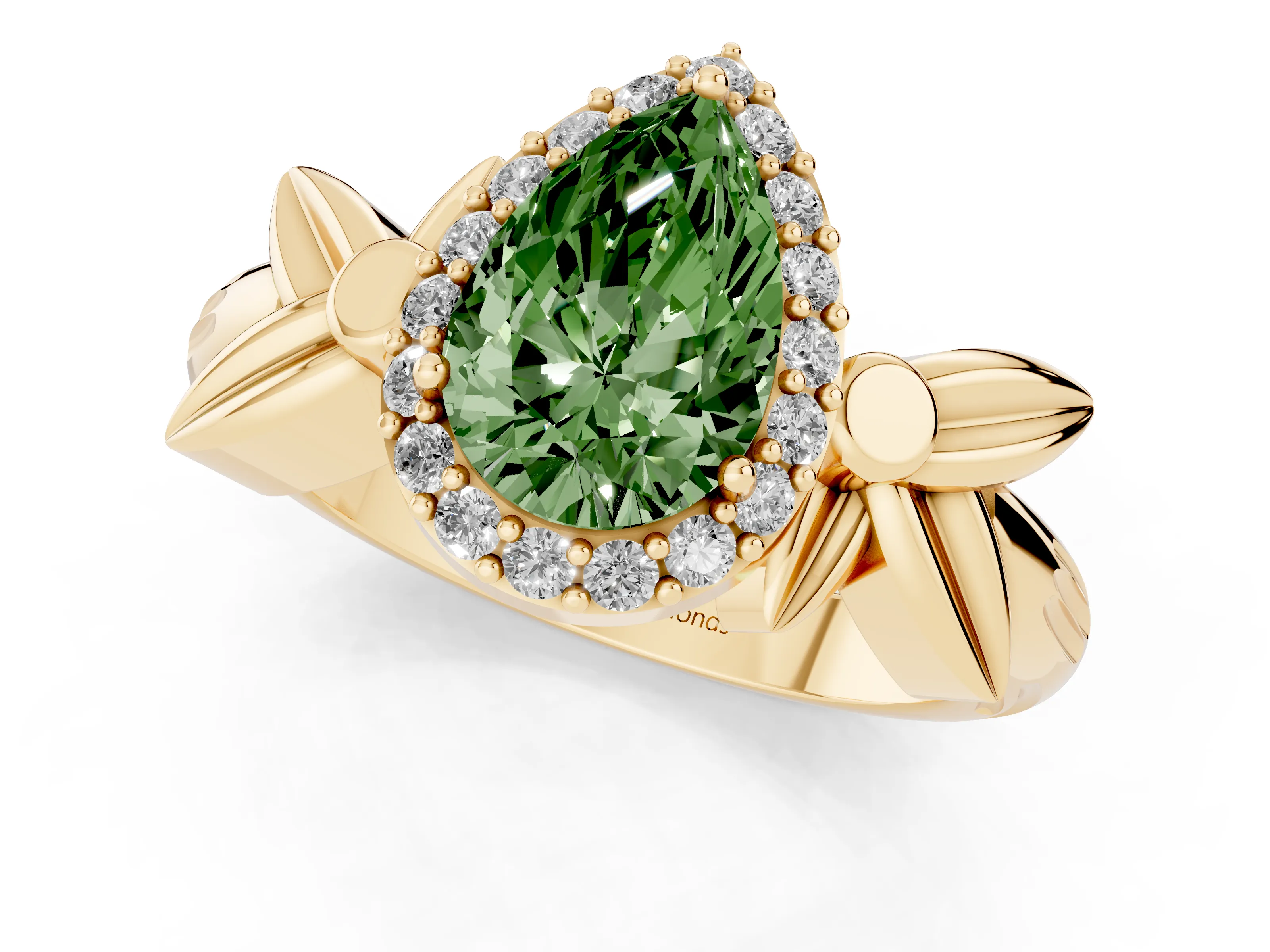 Fancy Green Pear Cut Diamond Halo Floral Band Ring Set in Yellow gold with Prong Setting