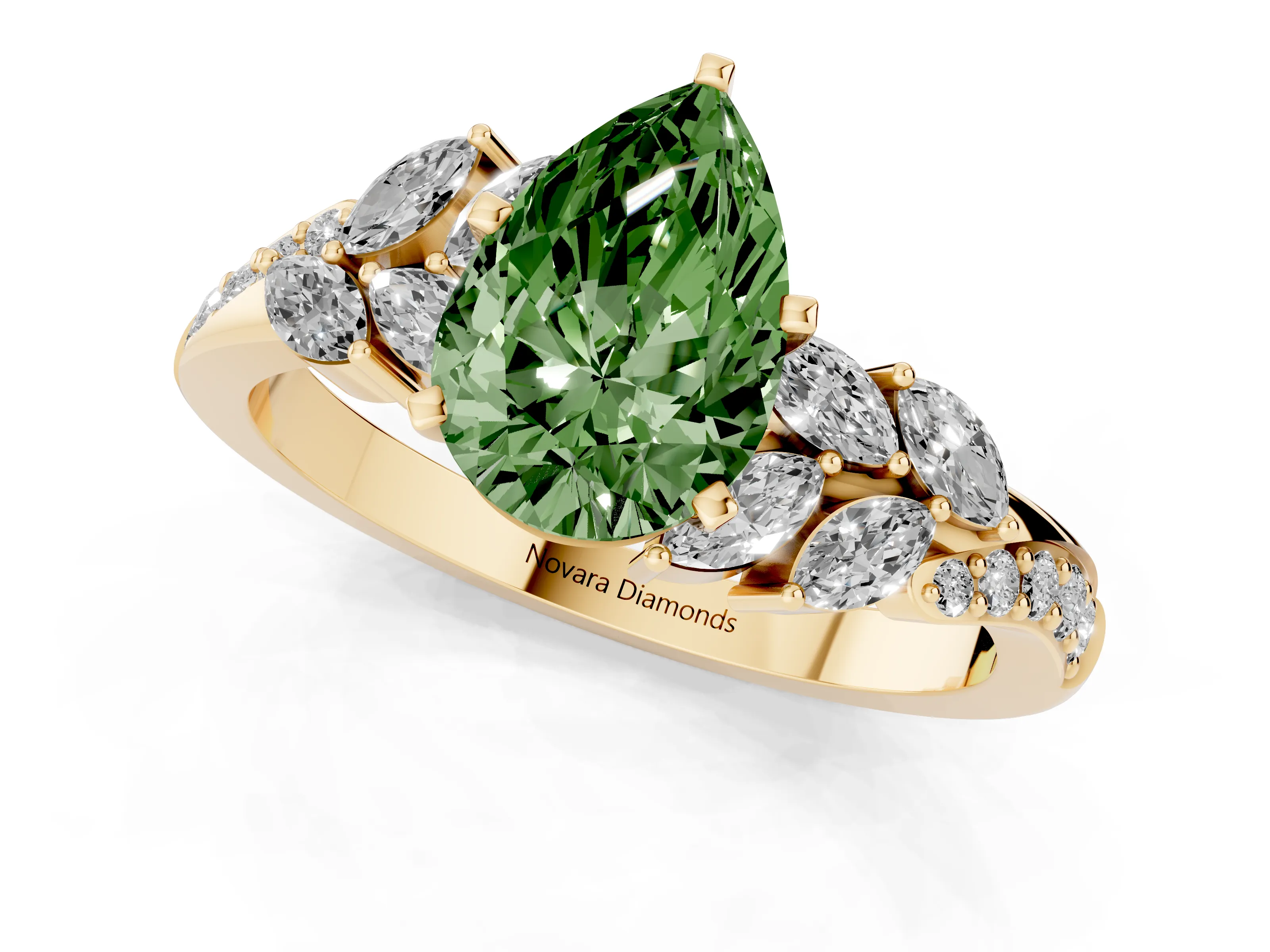 Fancy Green Pear Cut Diamond Solitaire Ring Set in Yellow gold with Marquise Twist Band and Prong Setting