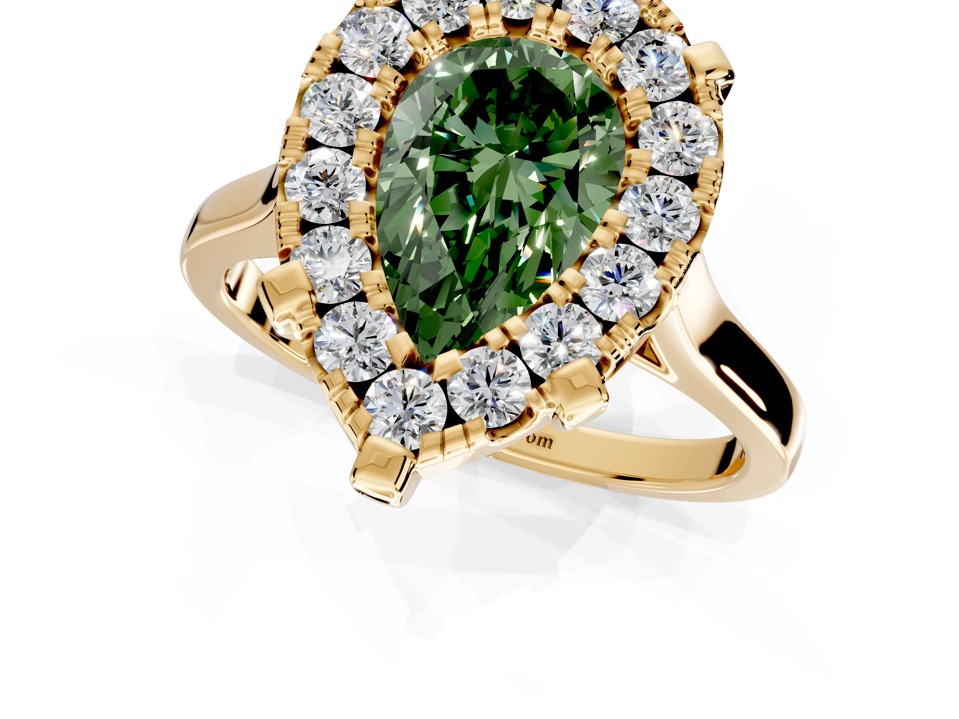 Single Halo Engagement Ring Setting for Fancy Green Pear-Shaped Center with Corner Claws, Plain Band and Prong Head in Yellow Gold