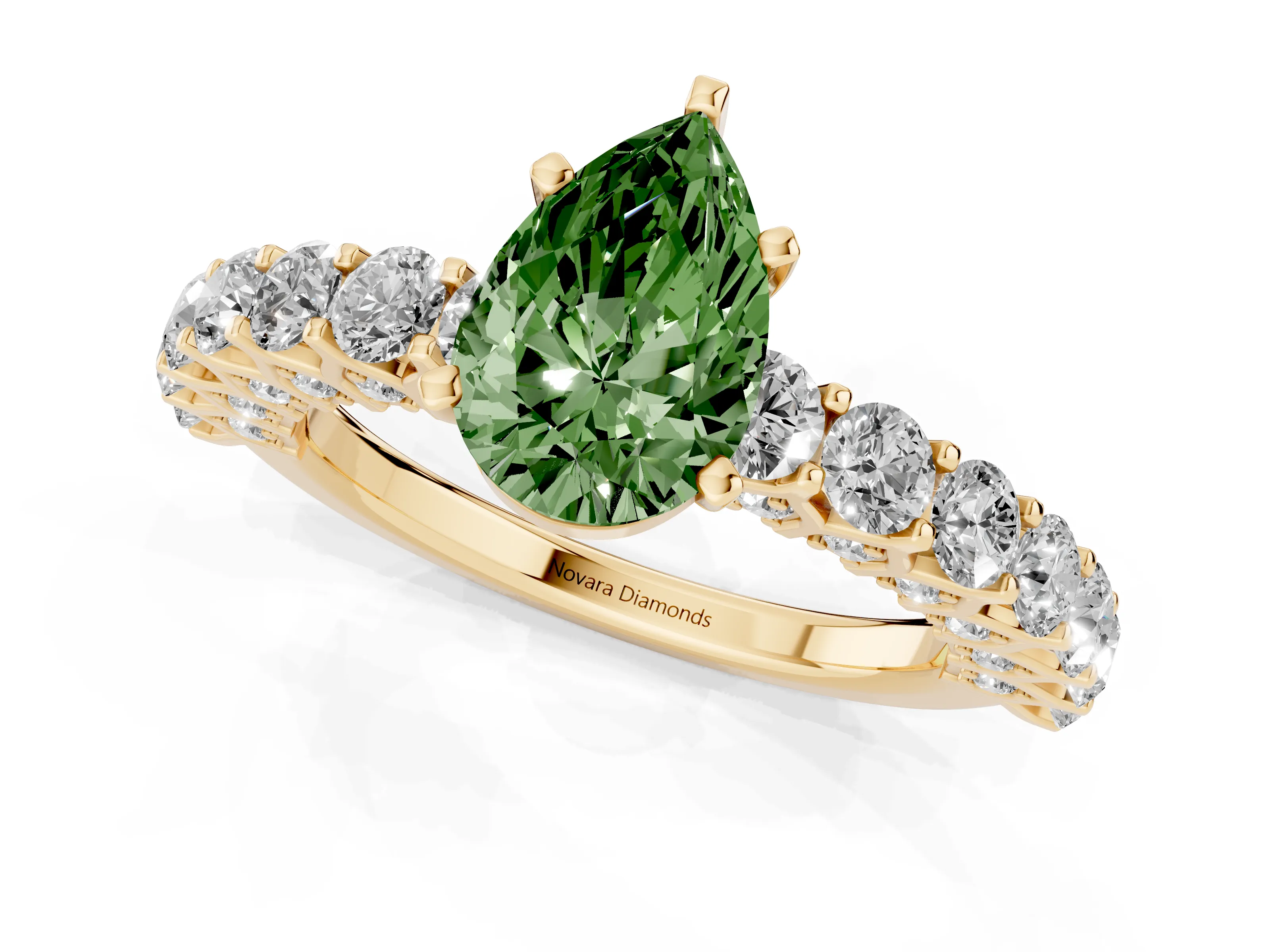 Fancy Green Pear Cut Diamond Solitaire Ring Set in Yellow gold with Shared Prong Pavé Band