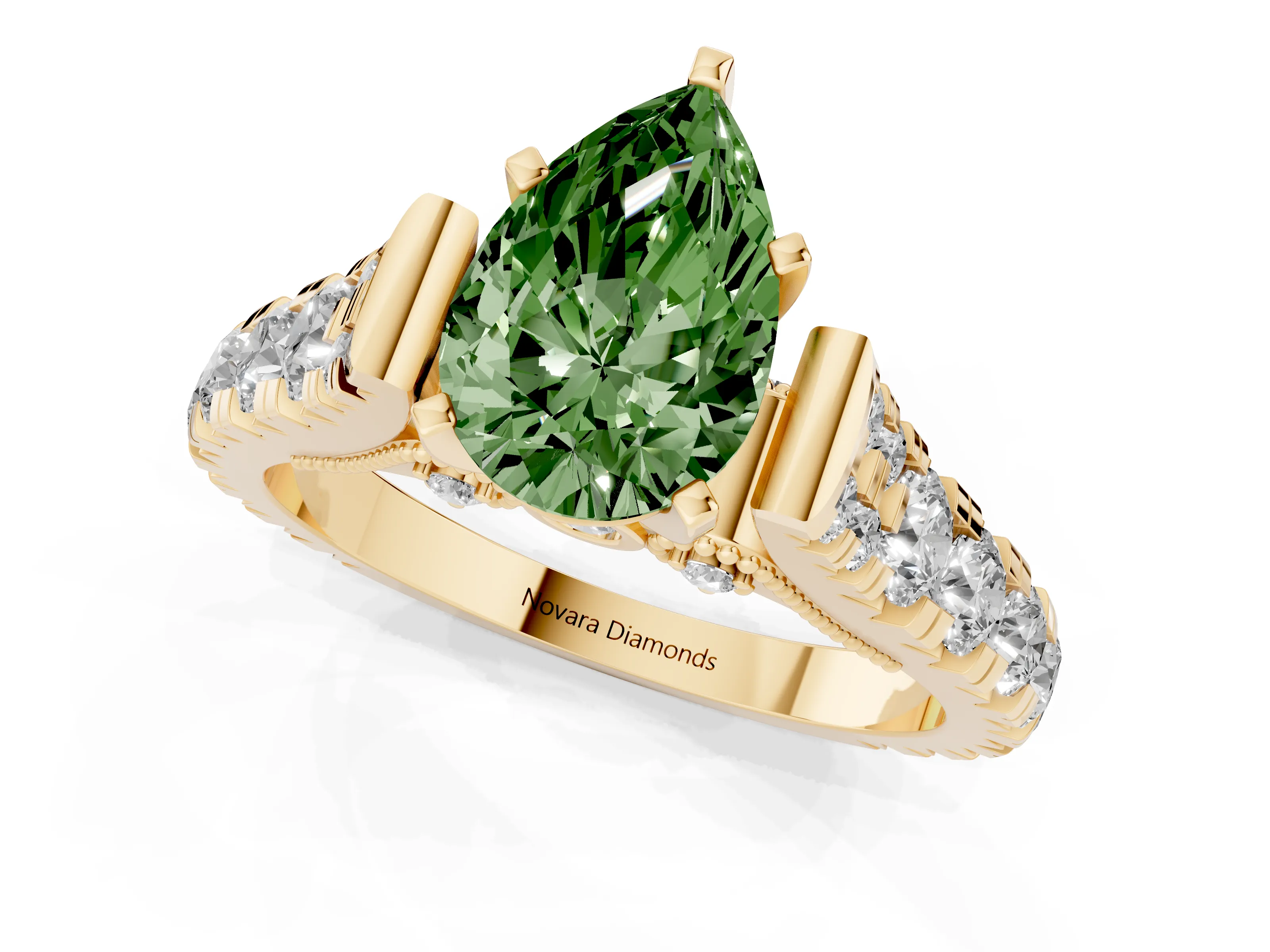 Fancy Green Pear Cut Diamond Classic Solitaire Ring Set in Yellow gold with Pavé Band and Prong Setting