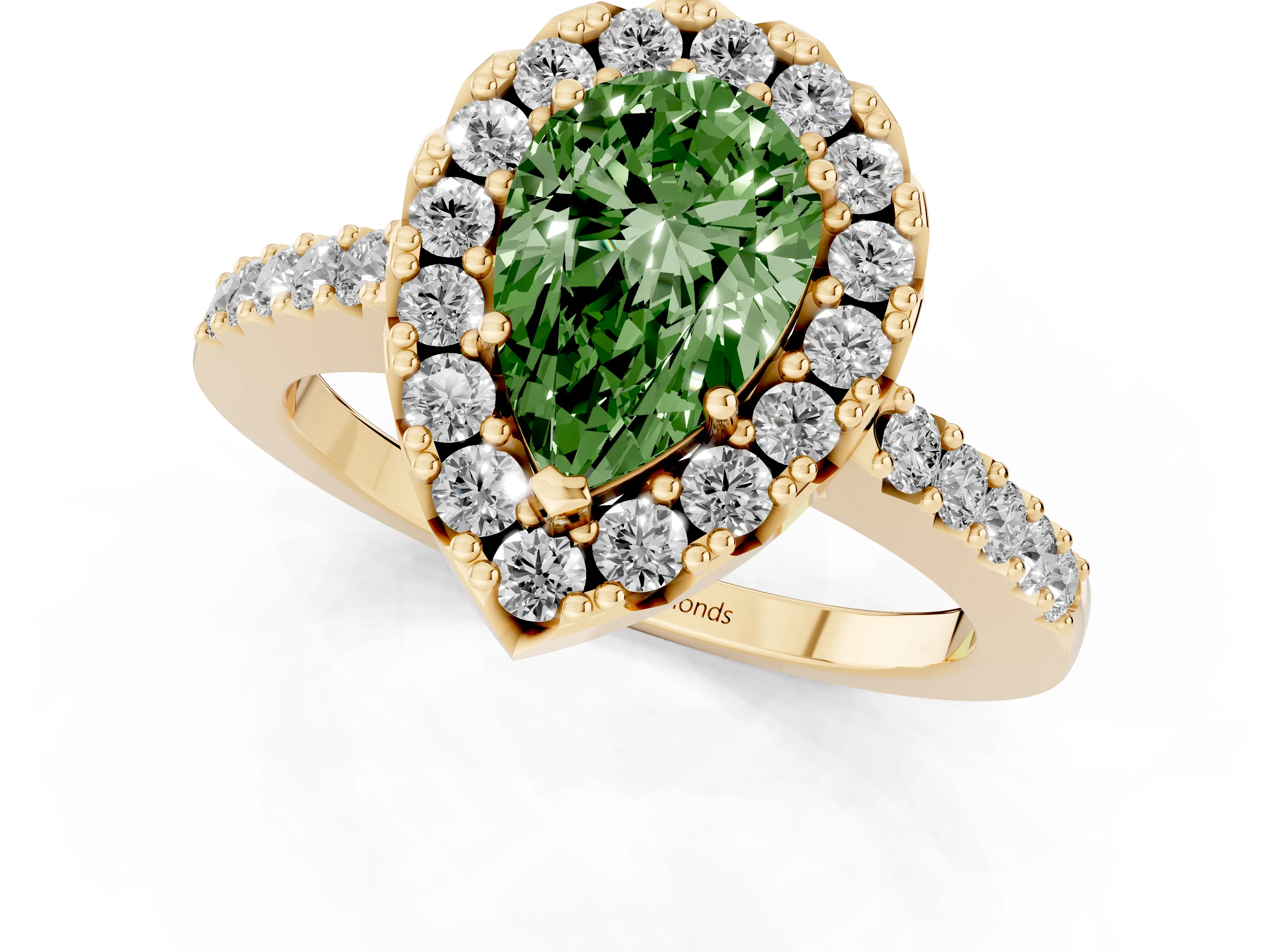 Fancy Green Pear Cut Diamond Halo Pavé Solitaire Ring Set in Yellow gold with Prong-Set Center Stone