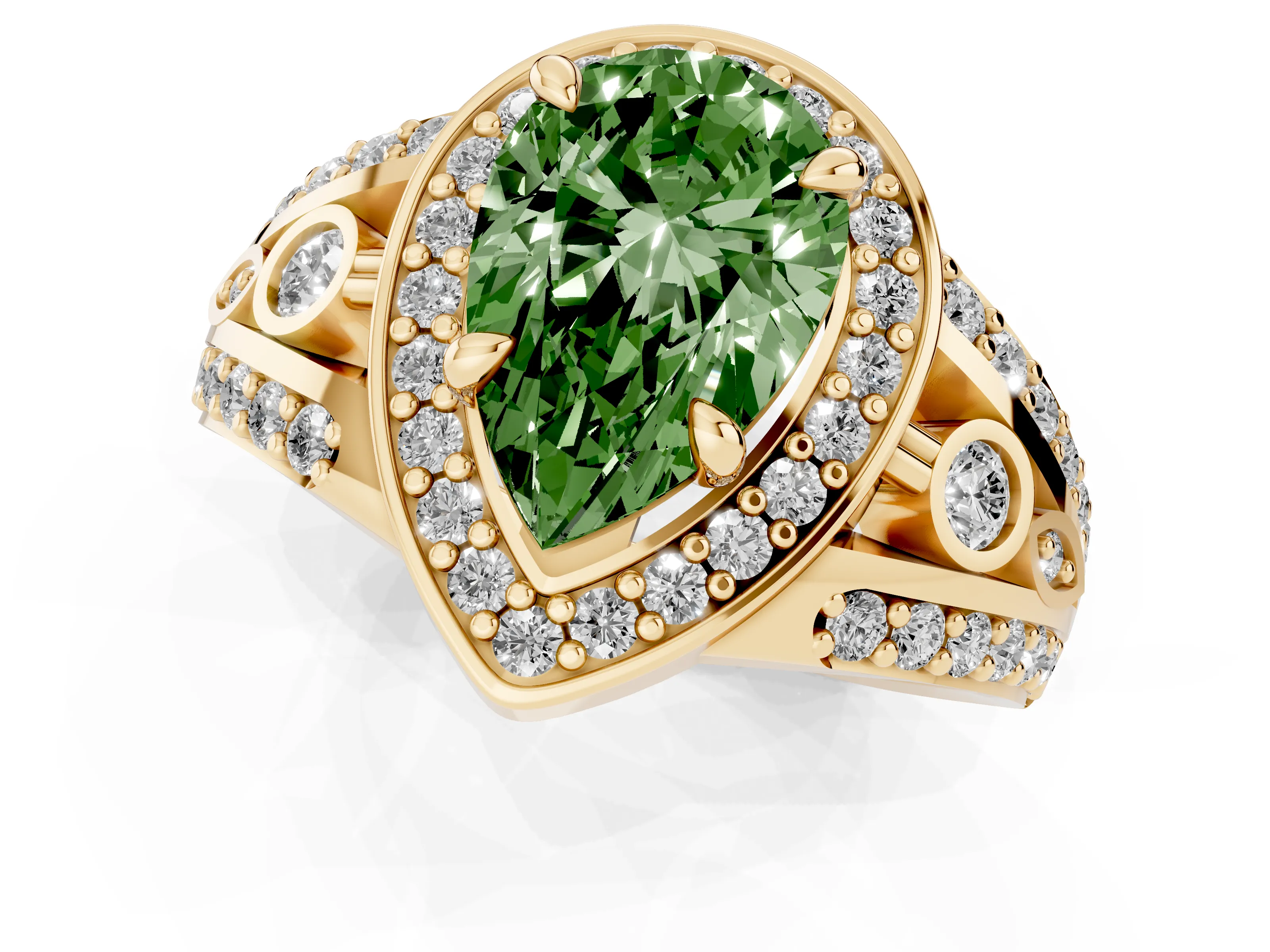 Fancy Green Pear Cut Diamond Halo Ring Set in Yellow gold with Pavé Split Shank and Bezel Accents