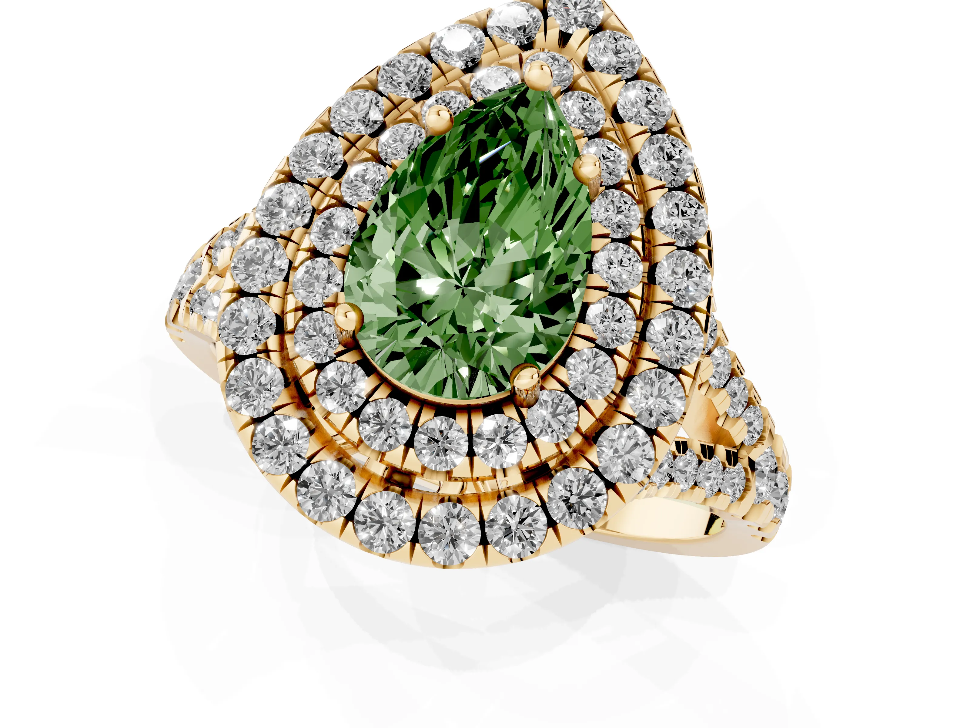 Fancy Green Pear Cut Diamond Double Halo Ring Set in Yellow gold with Pavé Split Shank and Prong Setting
