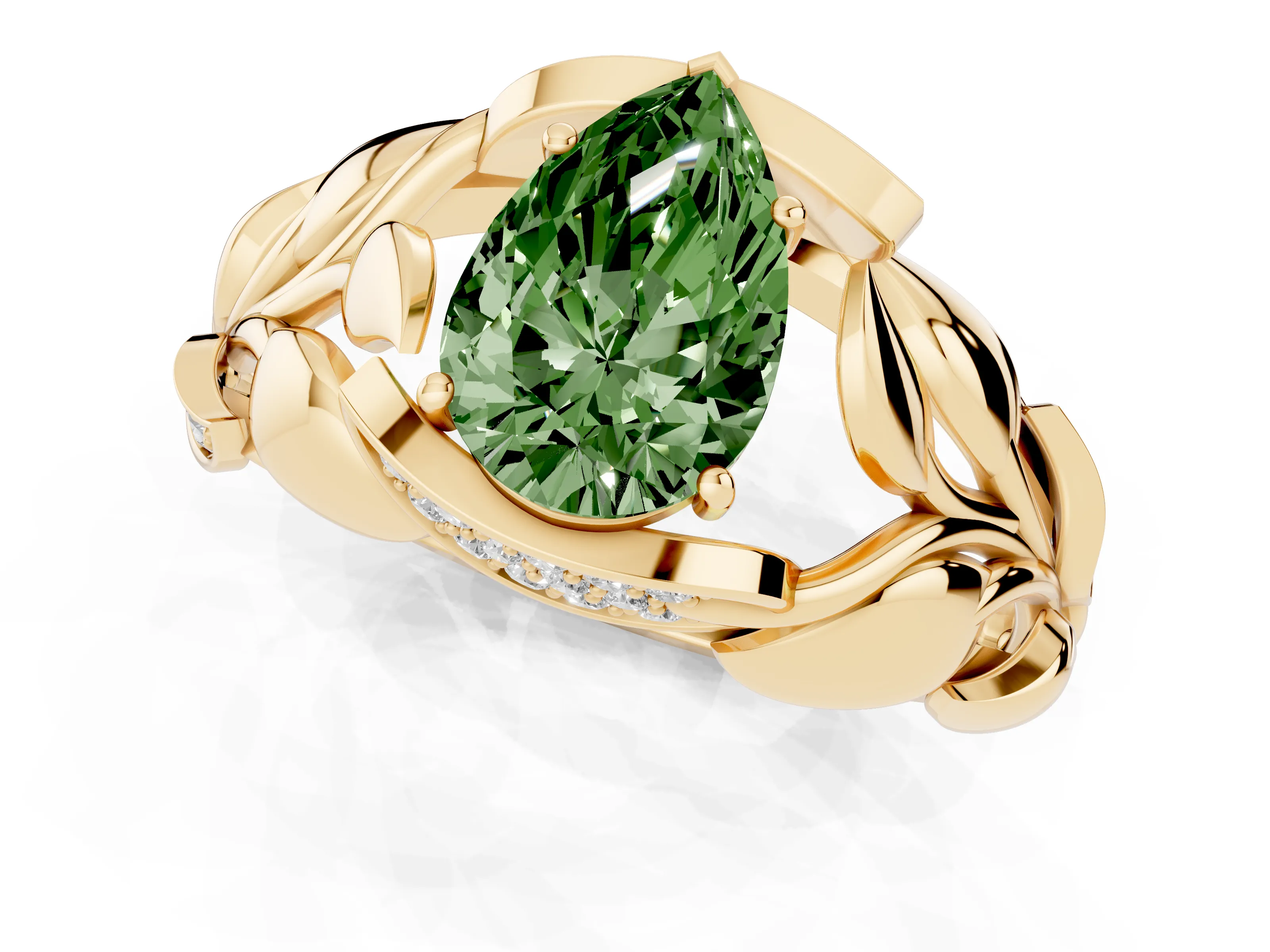 Fancy Green Pear Cut Diamond Leaf-Inspired Engagement Ring Set in Yellow gold with Round Accents