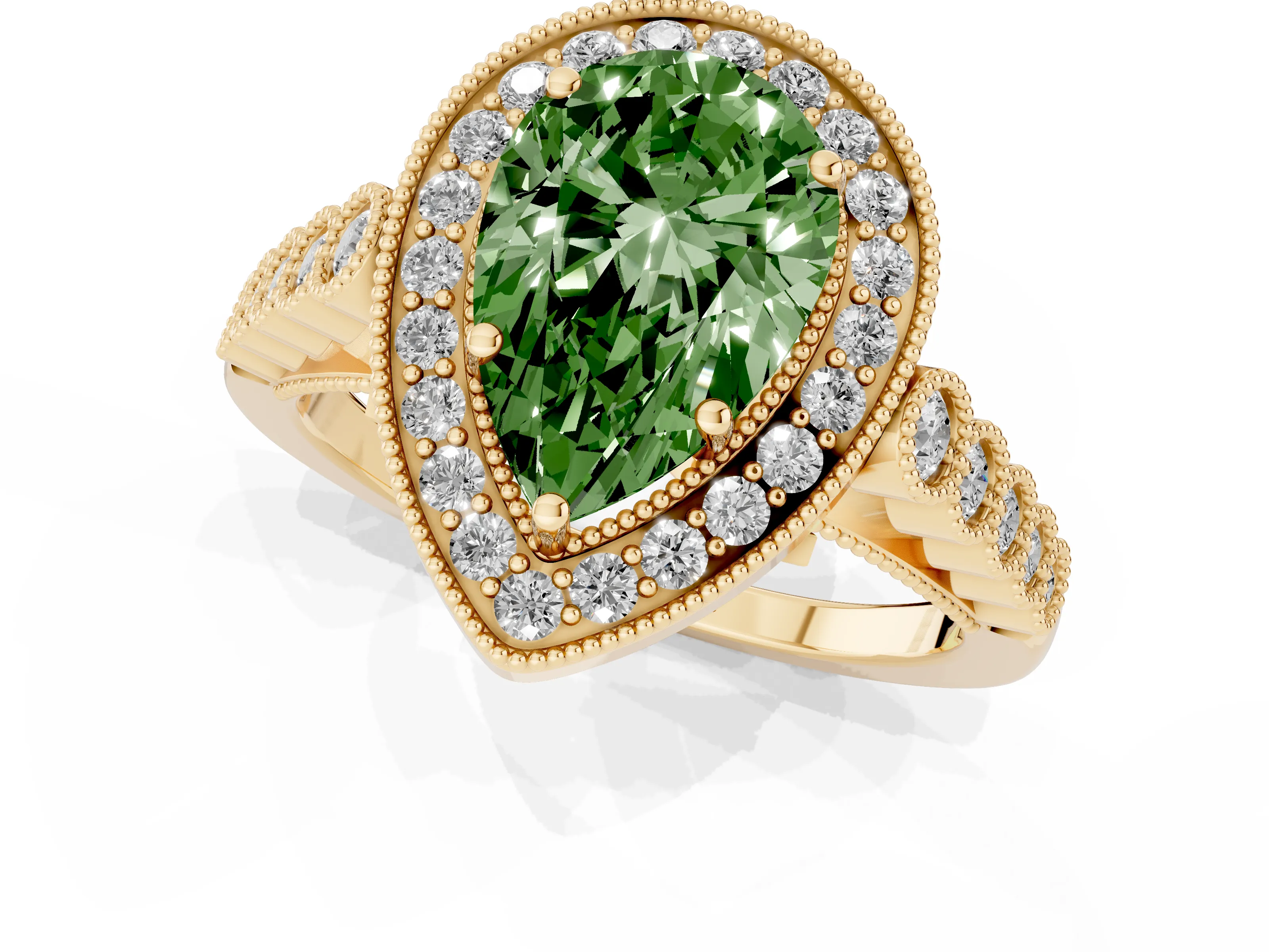 Fancy Green Pear Cut Diamond Milgrain Halo Solitaire Ring Set in Yellow gold with Bezel Set Side Stones and Pavé Band