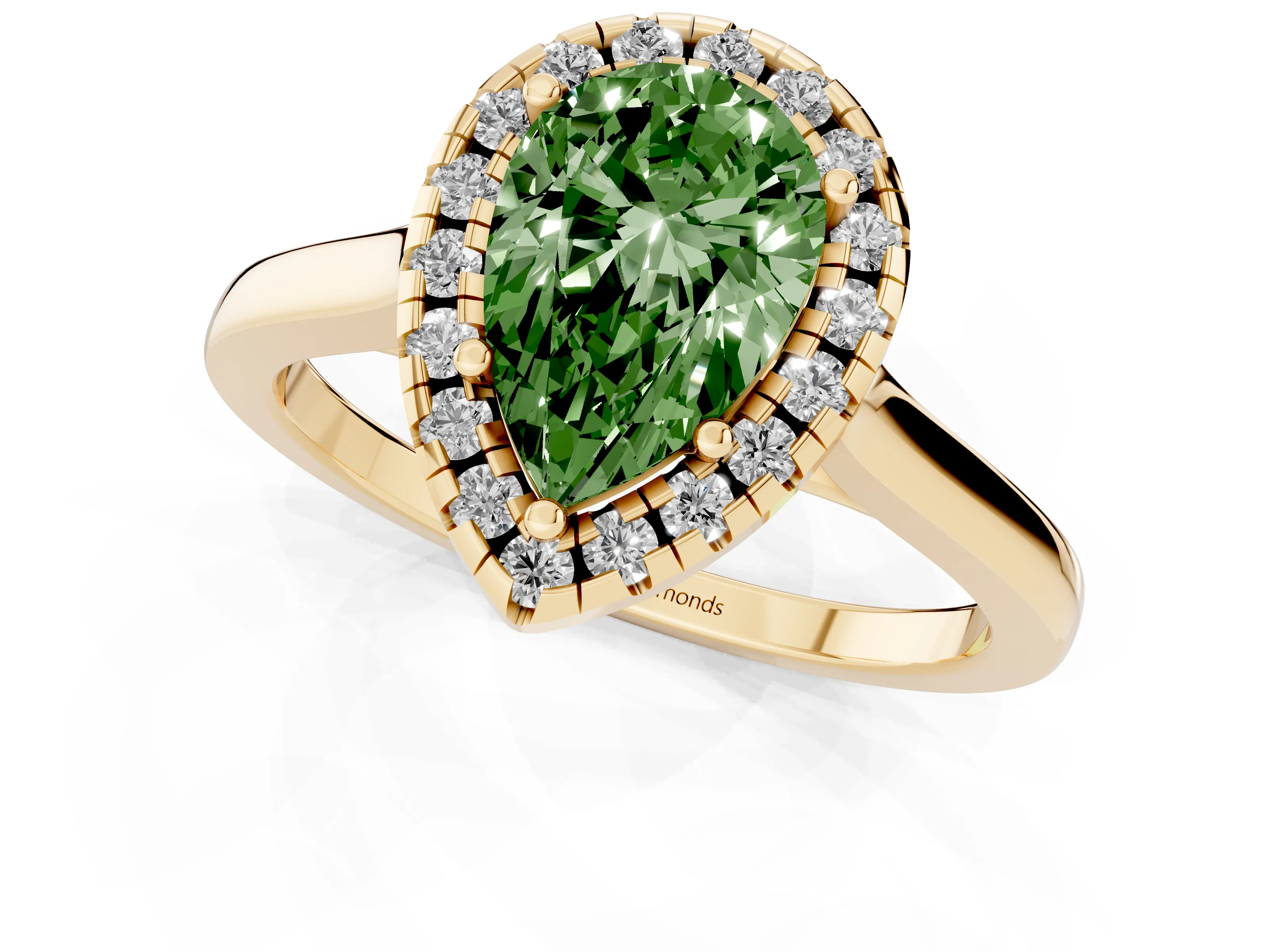 Fancy Green Pear Cut Halo Round Diamond Solitaire Ring Set in Yellow gold with Pavé Band and Prong Setting