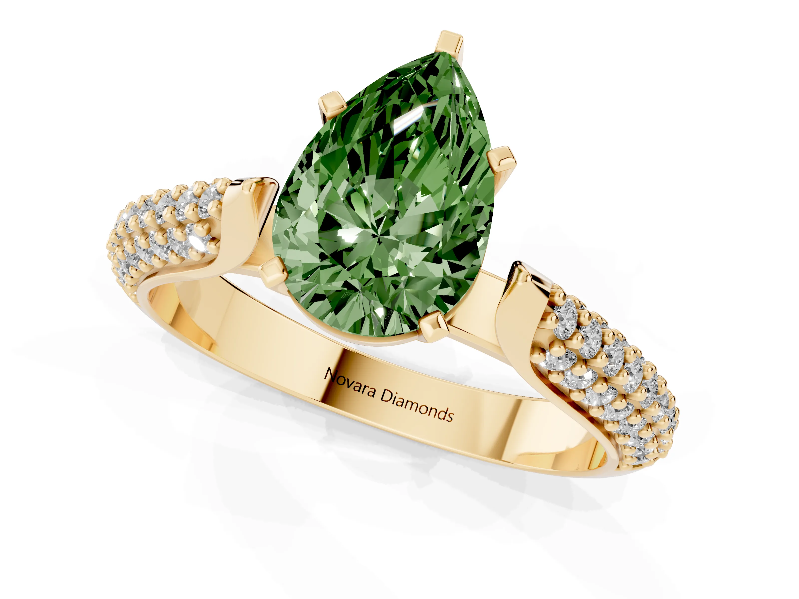 Fancy Green Pear Cut Diamond Solitaire Engagement Ring Set in Yellow gold with Multi-Row Round Pavé Band and Prong Setting