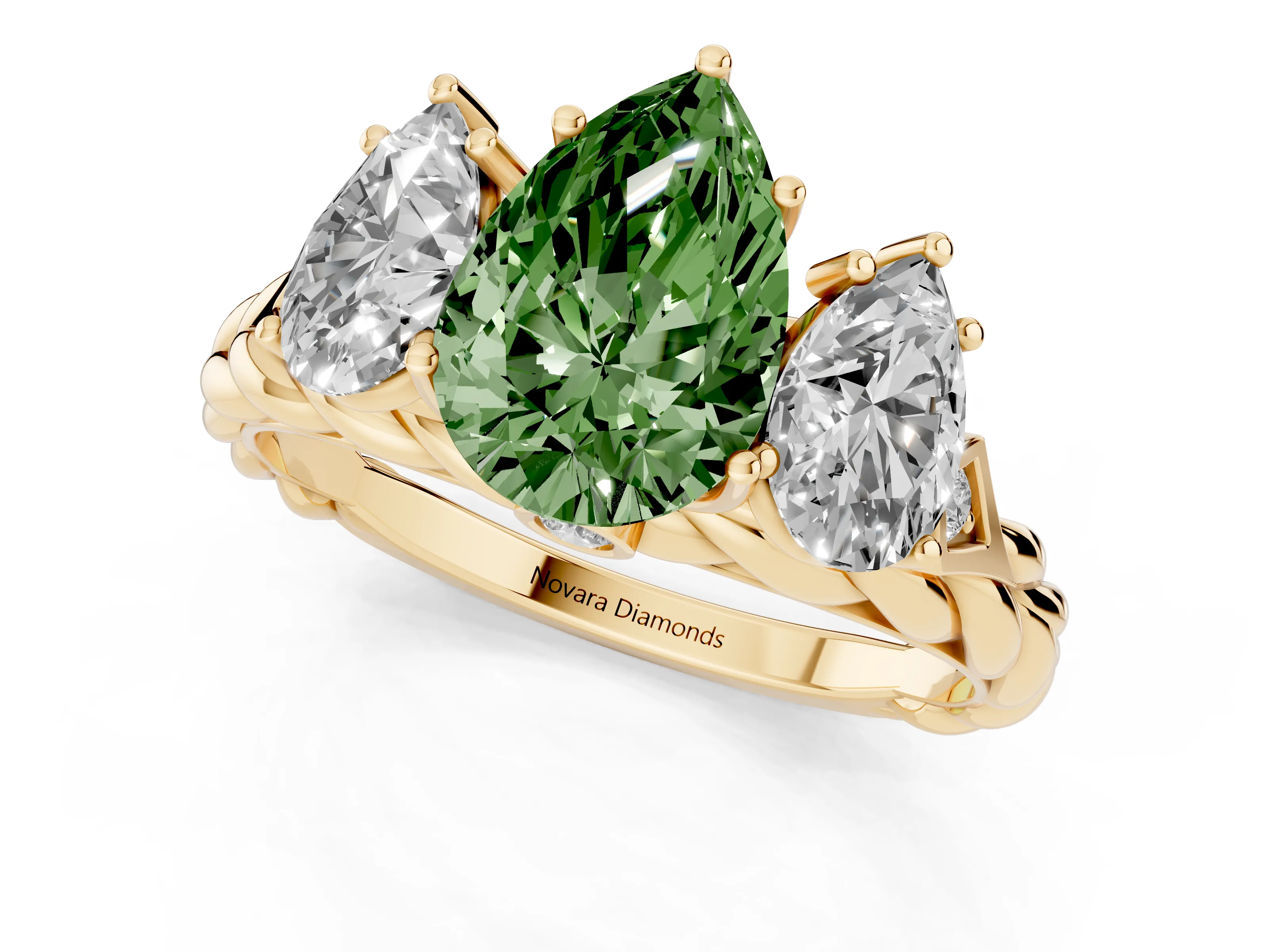 Fancy Green Pear Cut Diamond Three-Stone Ring Set in Yellow gold with Braided Band