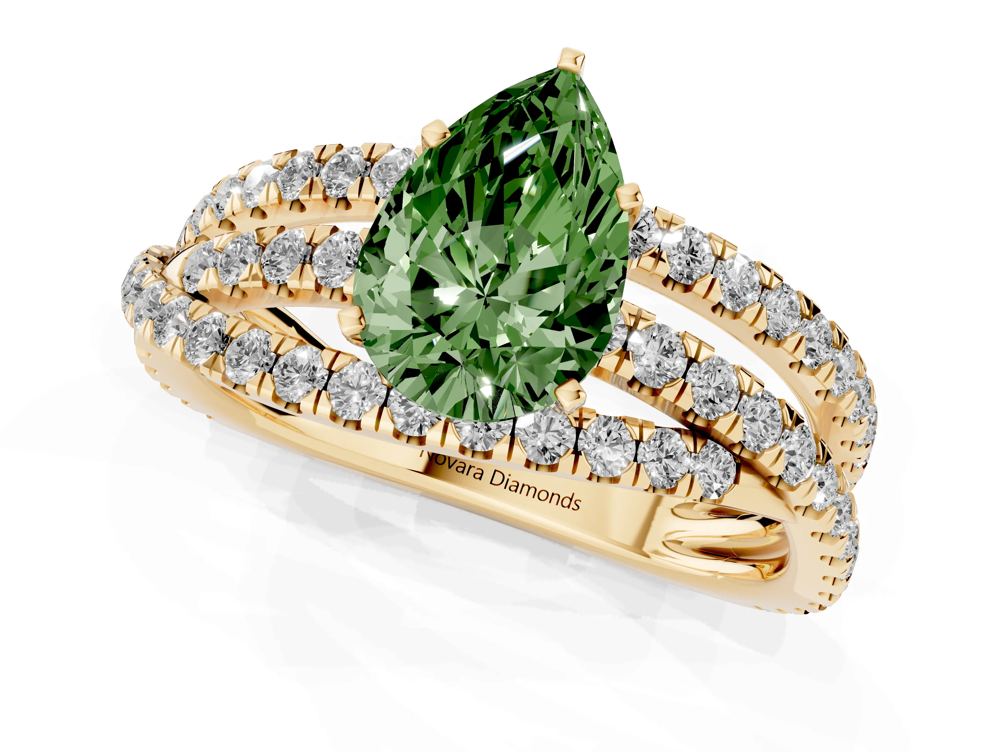 Fancy Green Pear Cut Diamond Solitaire Twist Band Ring Set in Yellow gold with Pavé Setting and Prong Head