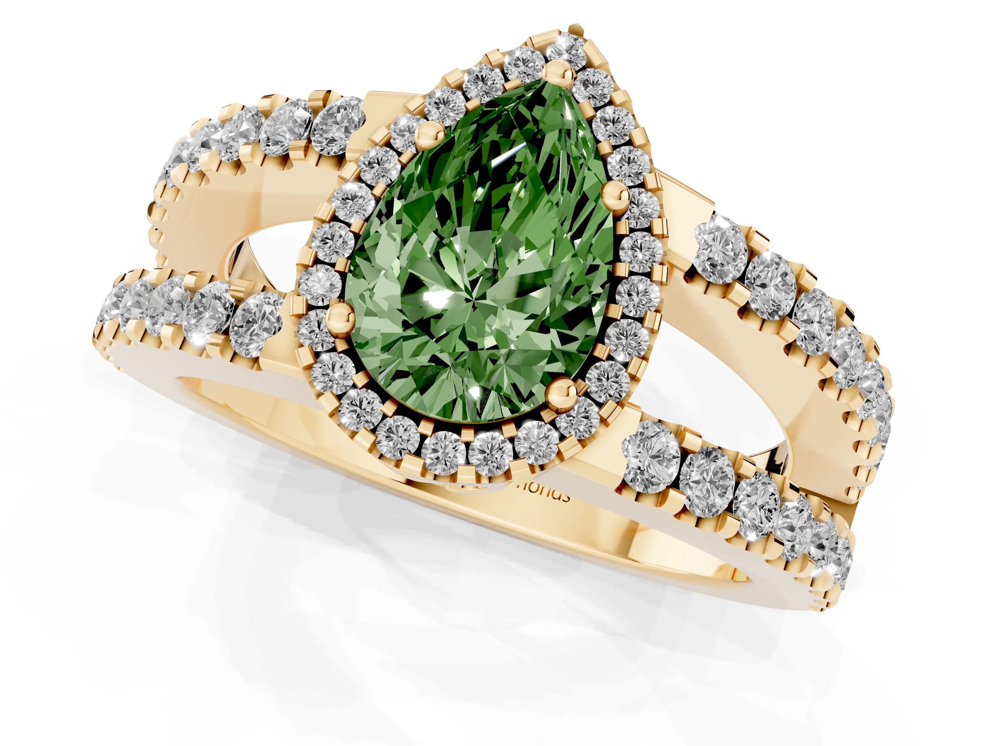 Fancy Green Pear Cut Diamond Halo Ring Set in Yellow gold with Pavé Split Shank and Prong Setting