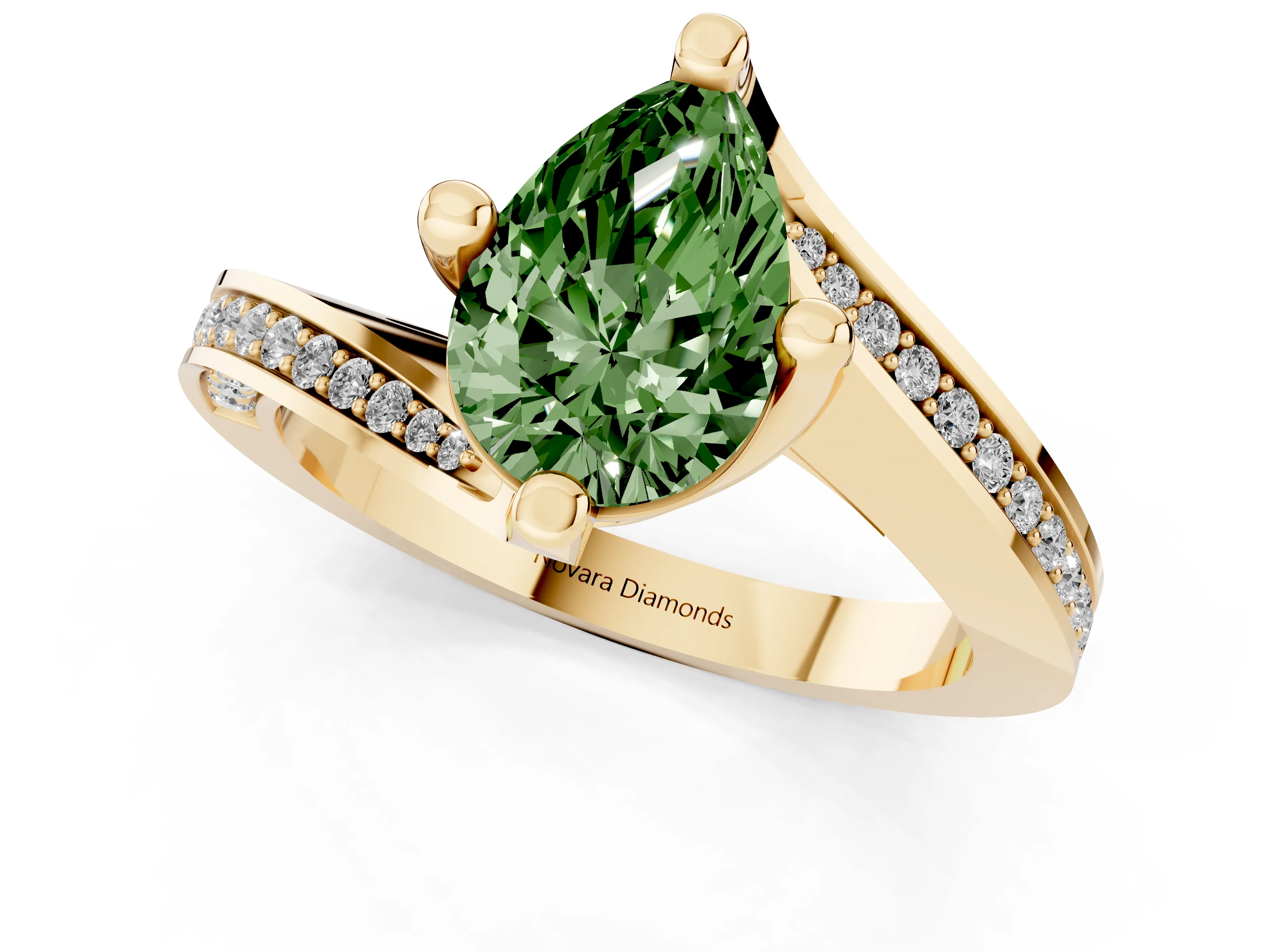 Fancy Green Pear Cut Diamond Solitaire Ring Set in Yellow gold with Intertwined Pavé Twist Band