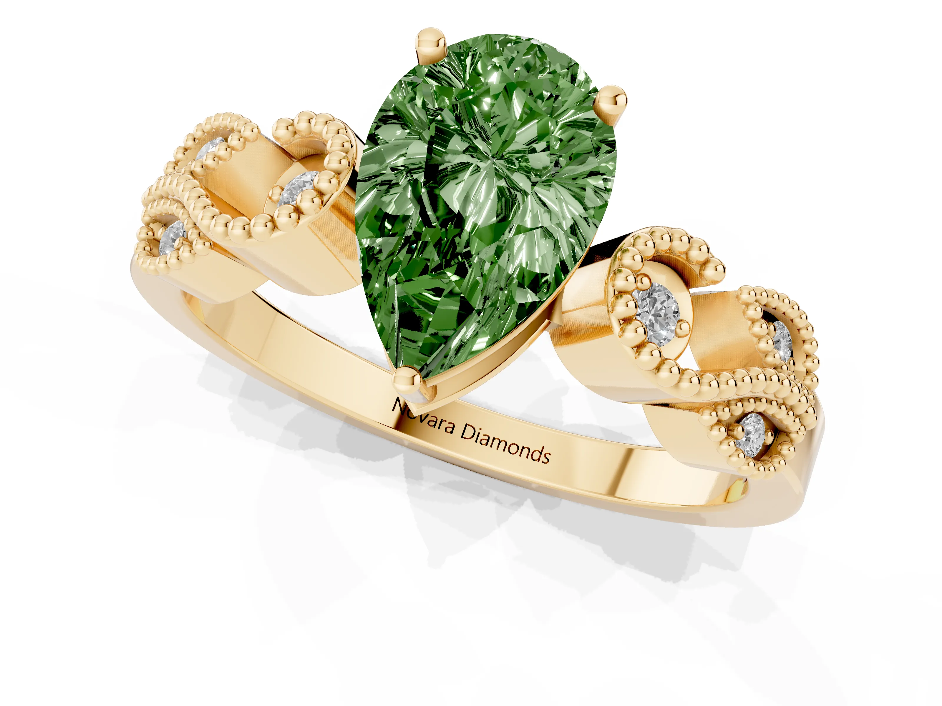 Fancy Green Pear Cut Diamond Milgrain Leaf Band Solitaire Ring Set in Yellow gold with Accent Stones and Prong Setting