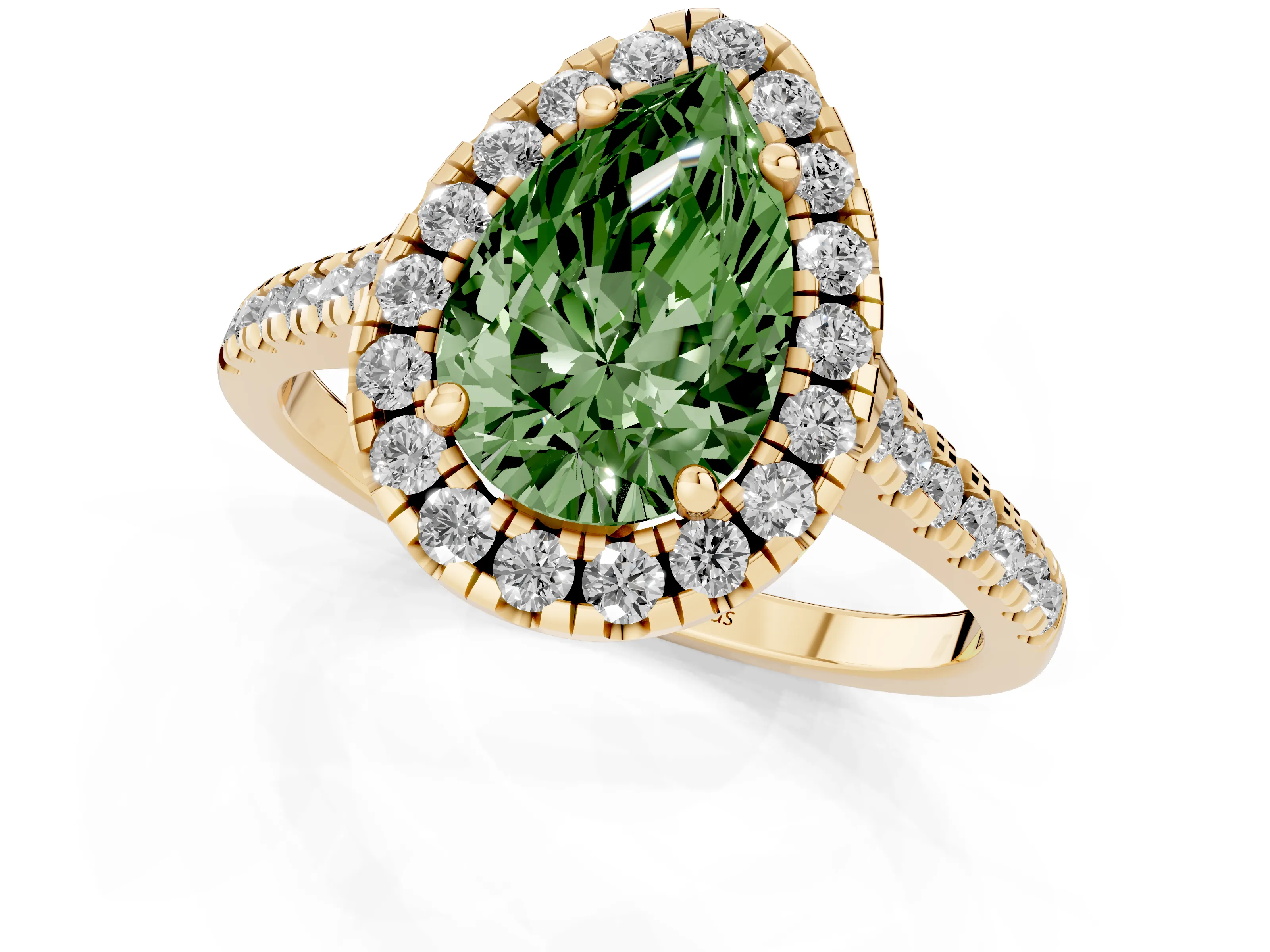 Fancy Green Pear Cut Diamond Cushion Halo Ring Set in Yellow gold with Pavé Band