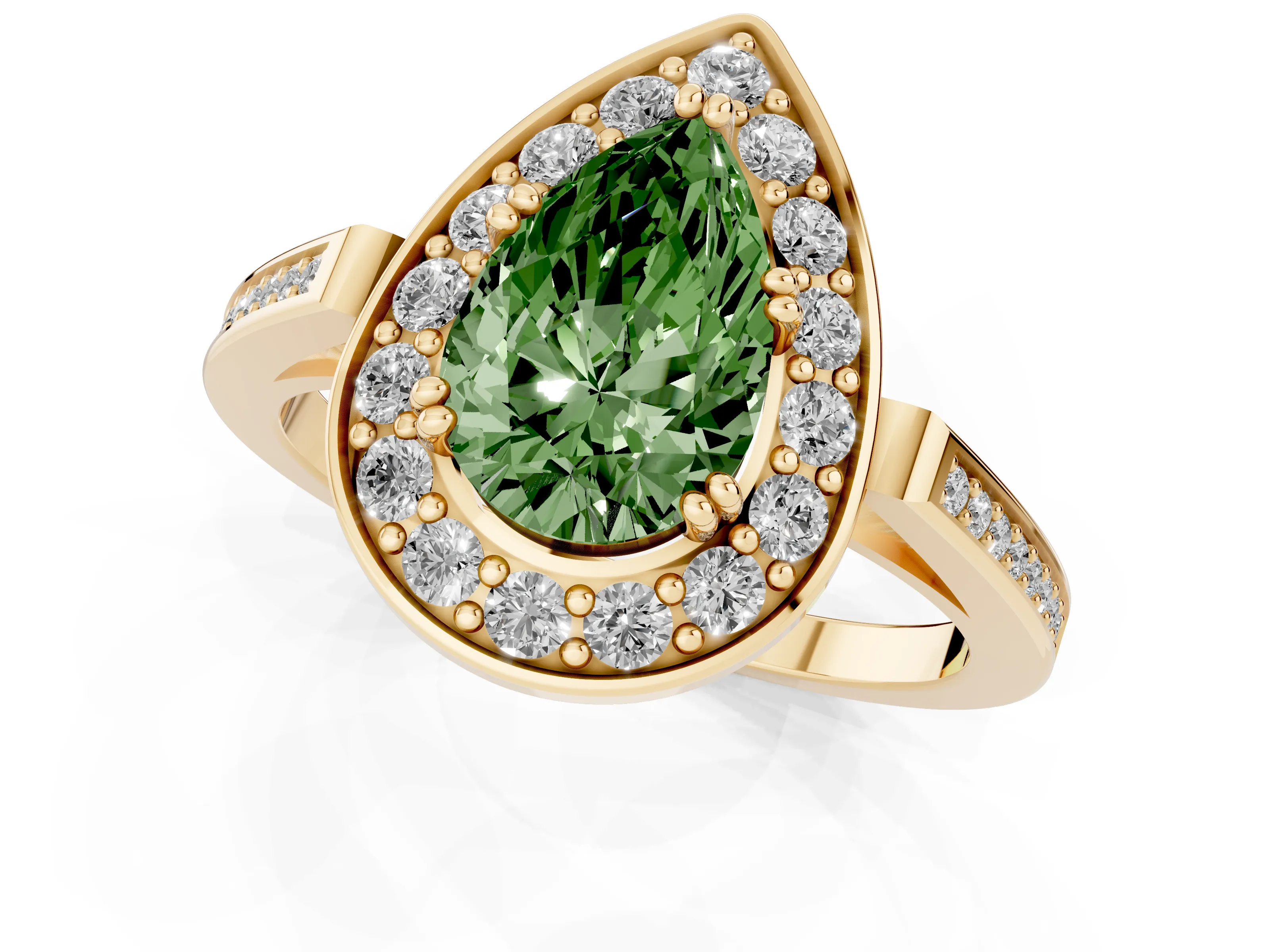 Fancy Green Pear Cut Diamond Halo Ring Set in Yellow gold with Accent-Lined Split Shank and Prong Setting