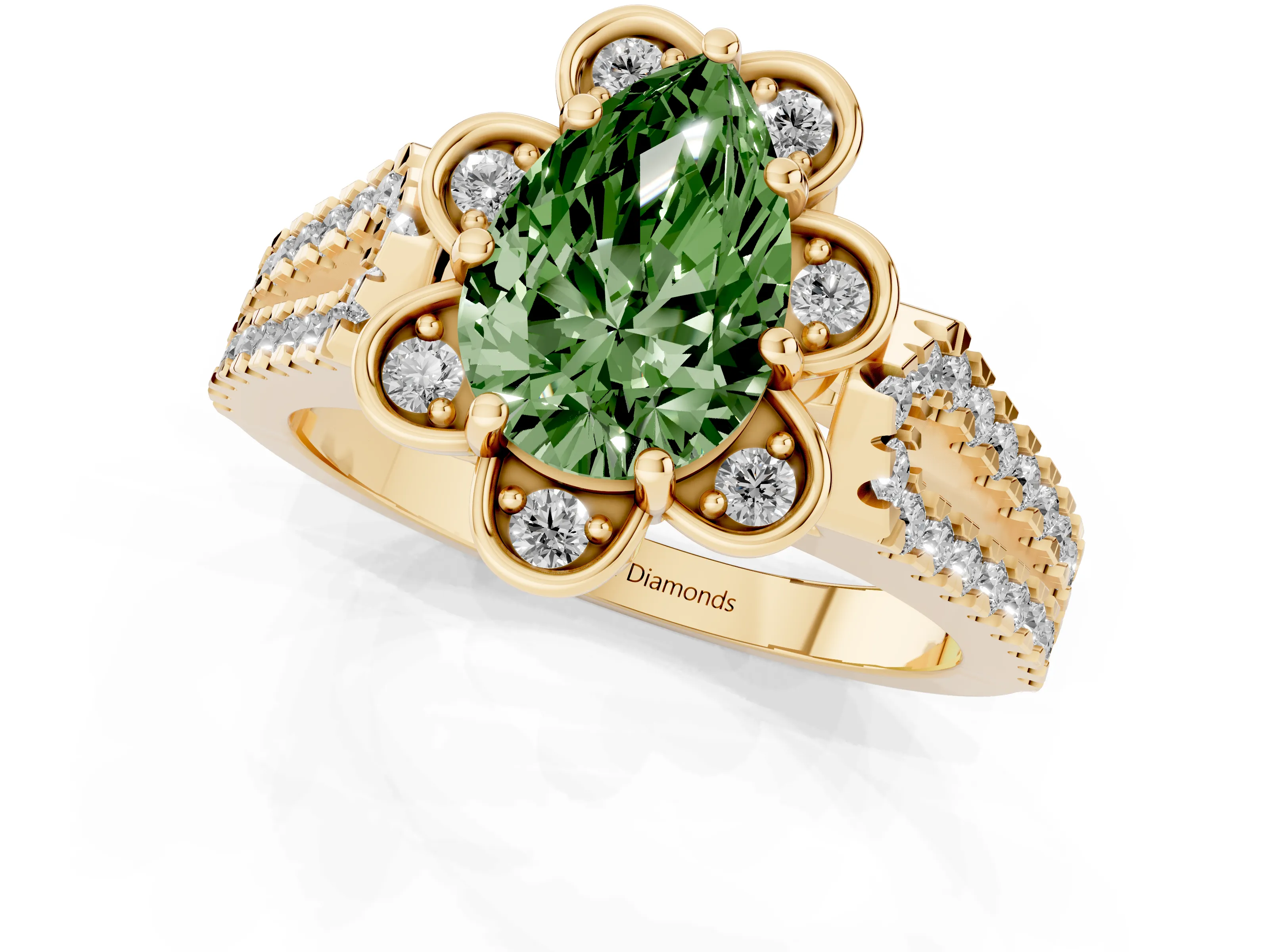Fancy Green Pear Cut Diamond Floral Halo Split Shank Engagement Ring Set in Yellow gold with Pavé Shank