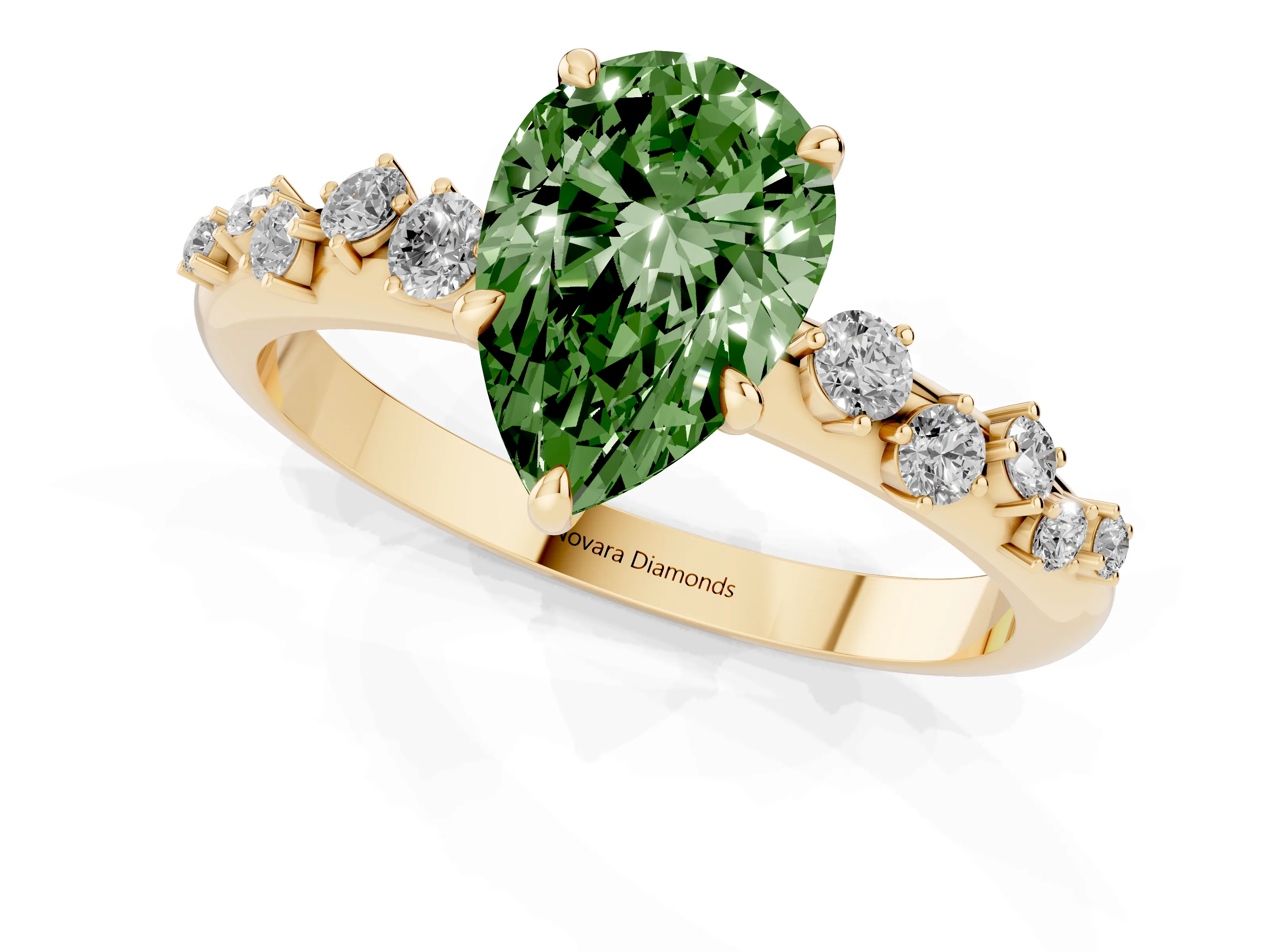 Fancy Green Pear Cut Diamond Cluster Solitaire Ring Set in Yellow gold with Prong Setting