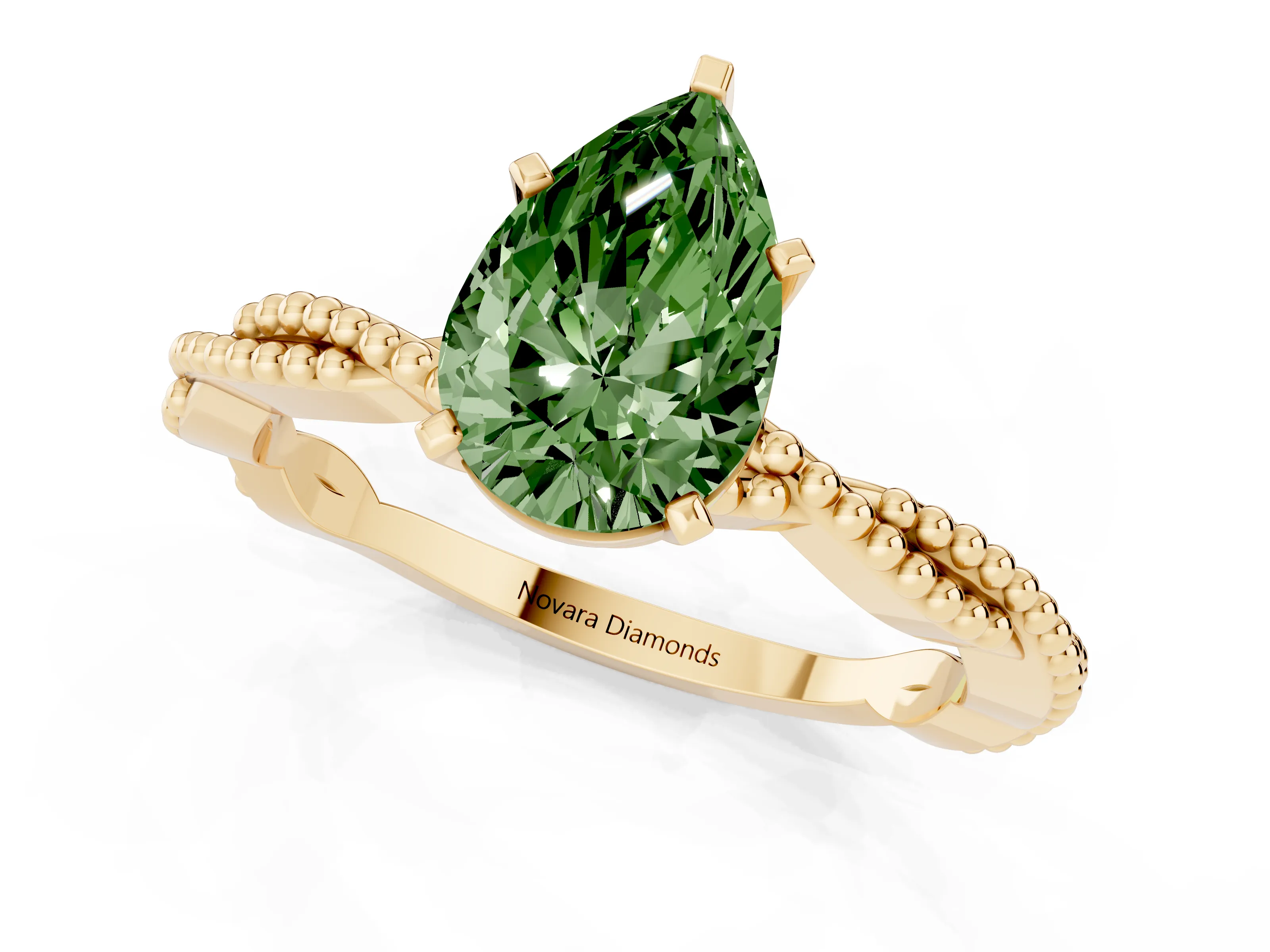 Fancy Green Pear Cut Diamond Solitaire Ring Set in Yellow gold with Twisted Band and Bead Prong Setting