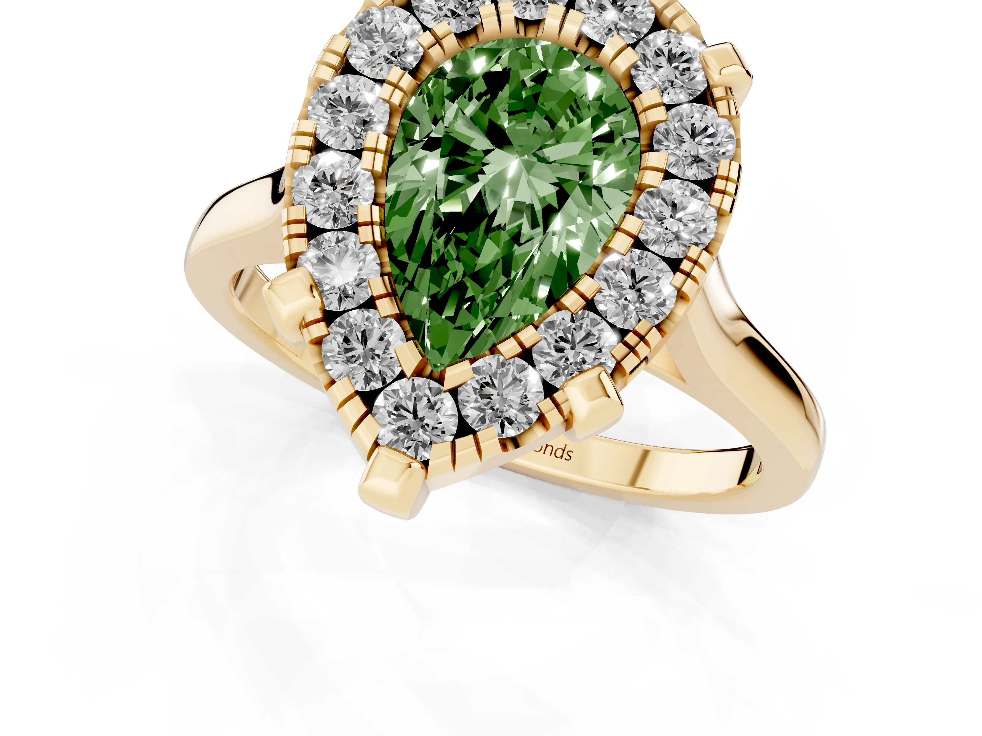 Fancy Green Pear Cut Diamond Cluster Halo Solitaire Ring Set in Yellow gold with Prong Setting