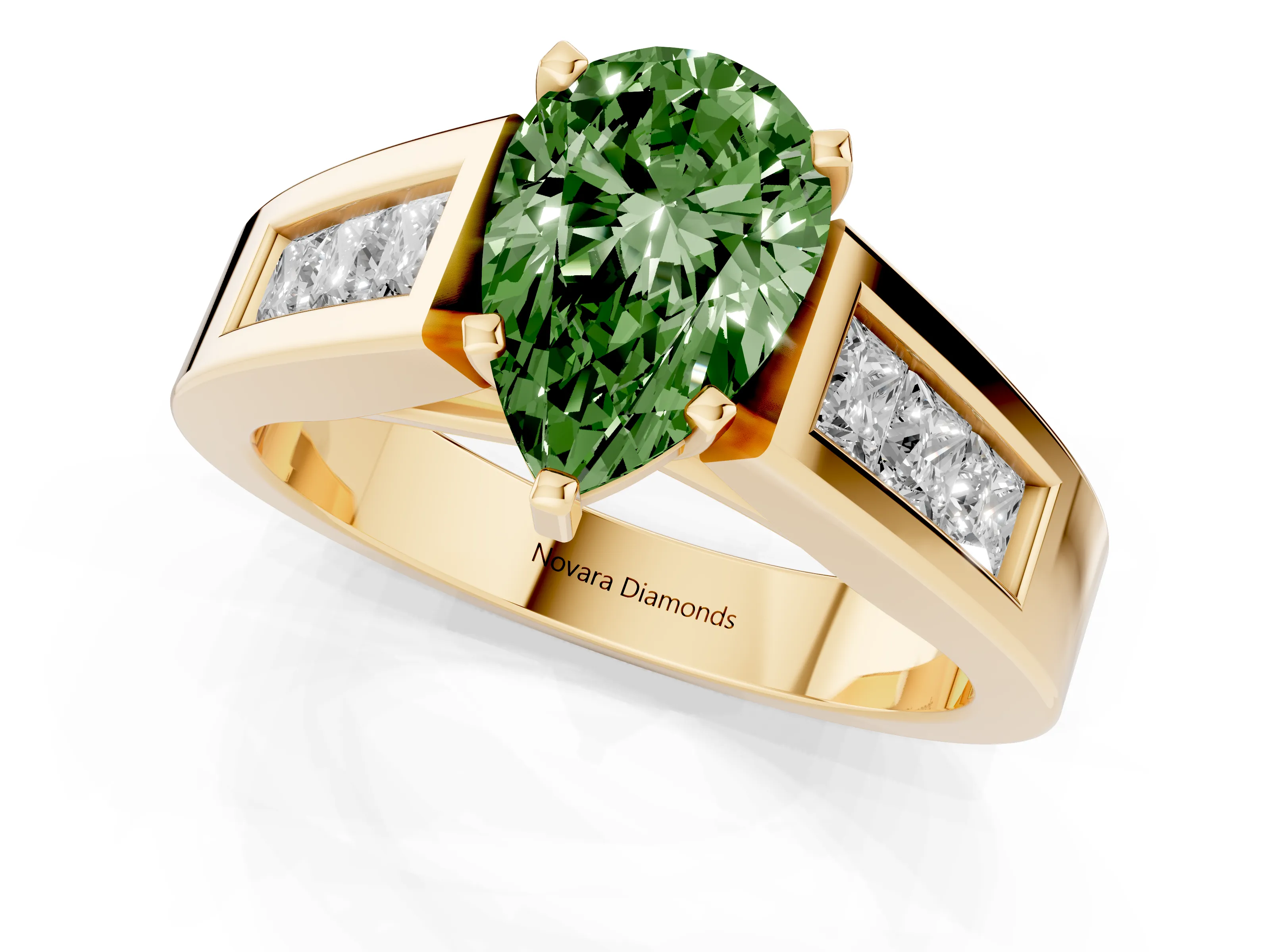Fancy Green Pear Cut Diamond Solitaire Ring Set in Yellow gold with Channel-Set Accent Stones and Prong Setting