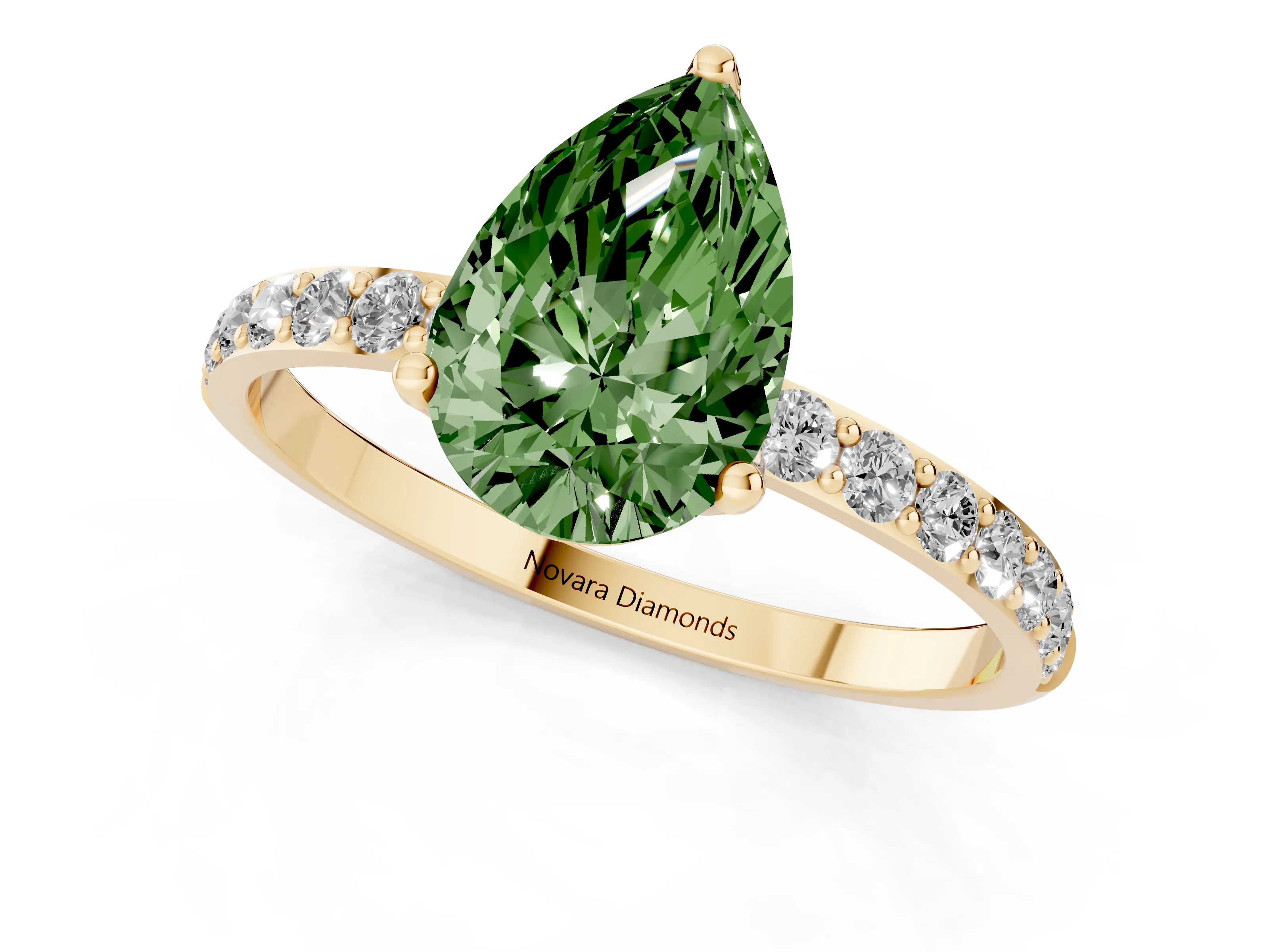 Fancy Green Pear Cut Diamond Solitaire Engagement Ring Set in Yellow gold with Round Pavé Band and Prong Setting
